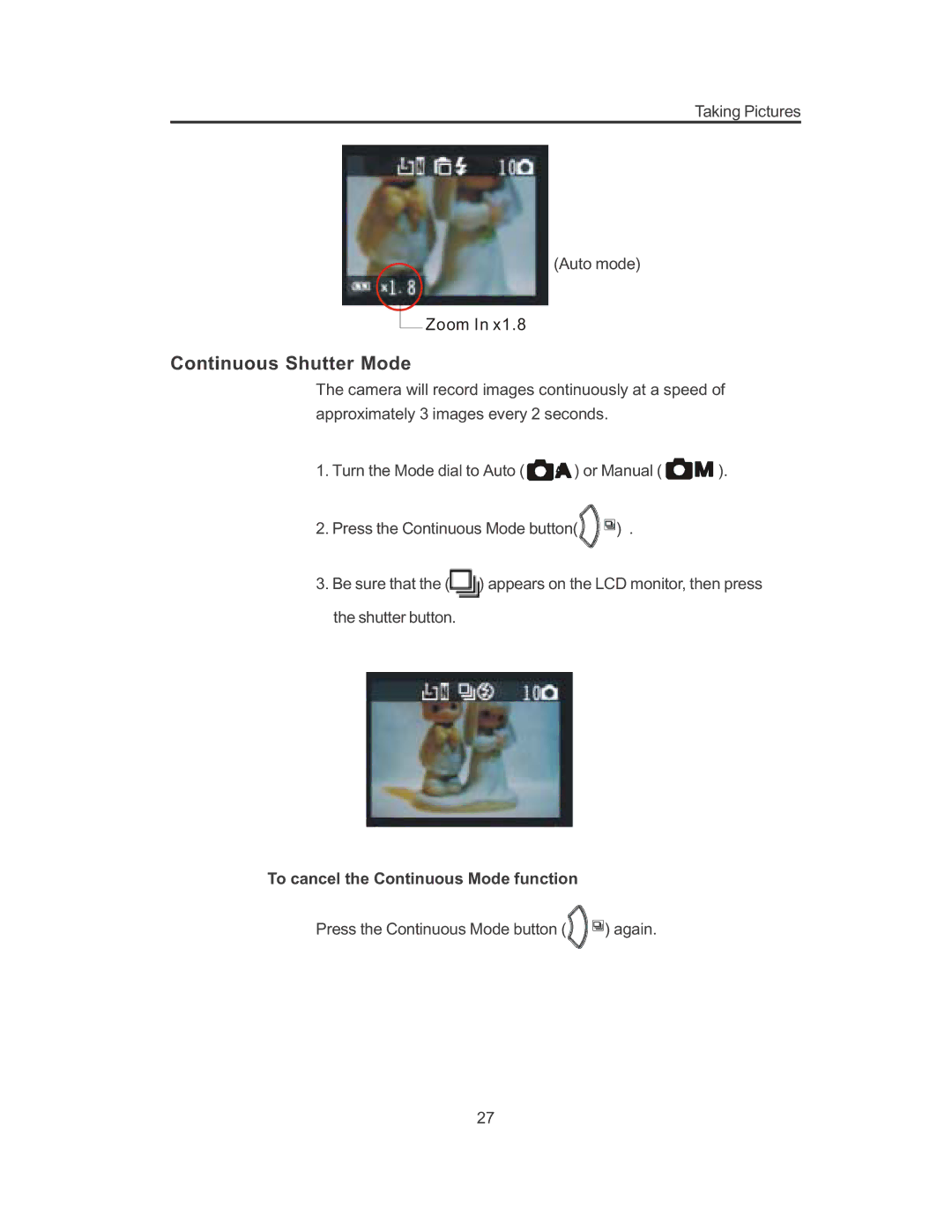 Concord Camera 3103 manual Continuous Shutter Mode, To cancel the Continuous Mode function 