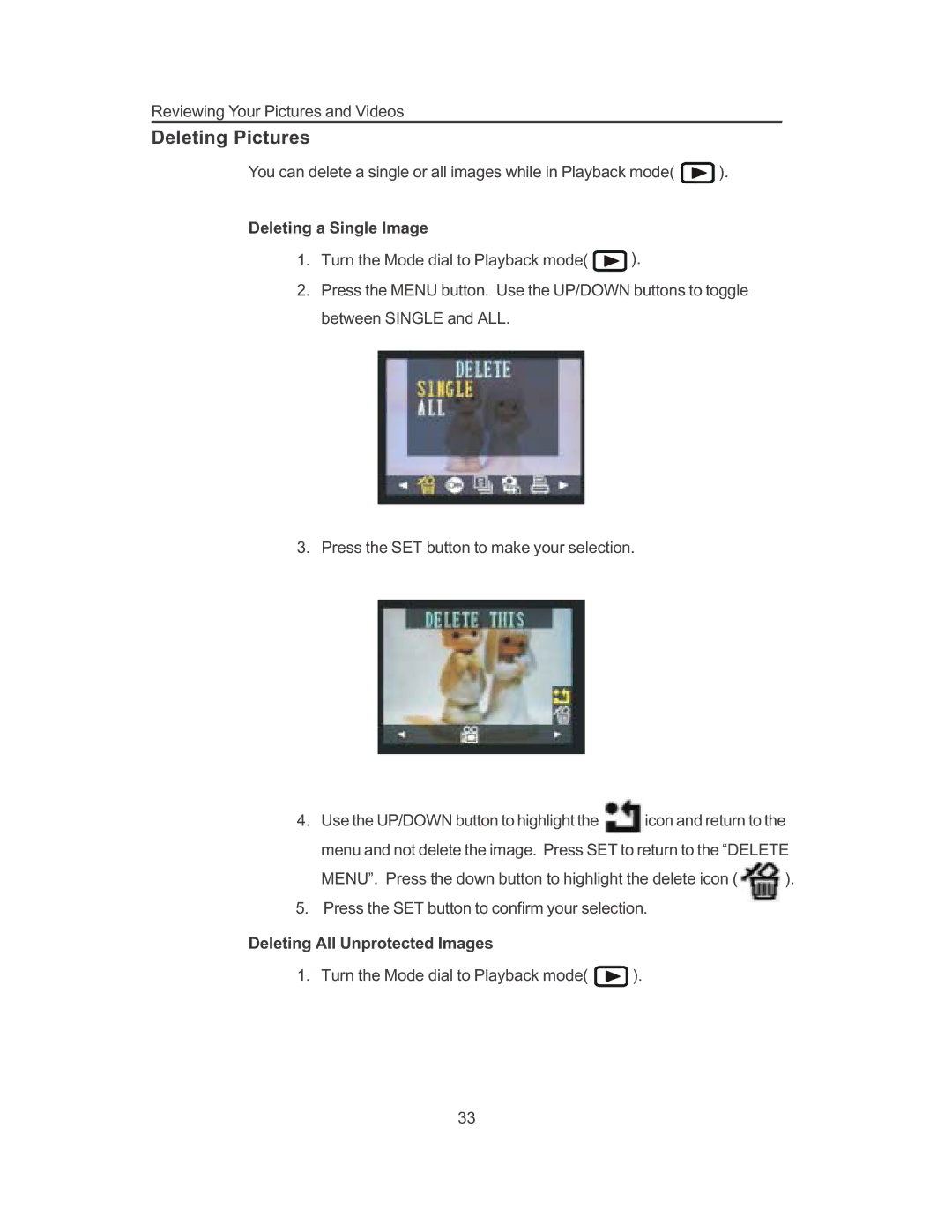 Concord Camera 3103 manual Deleting Pictures, Deleting a Single Image, Deleting All Unprotected Images 