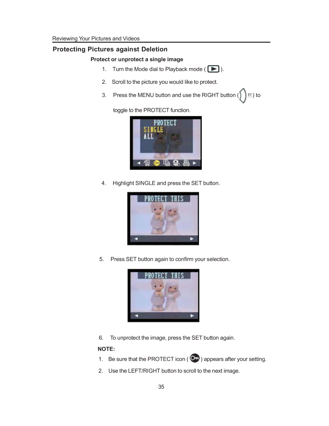 Concord Camera 3103 manual Protecting Pictures against Deletion, Protect or unprotect a single image 