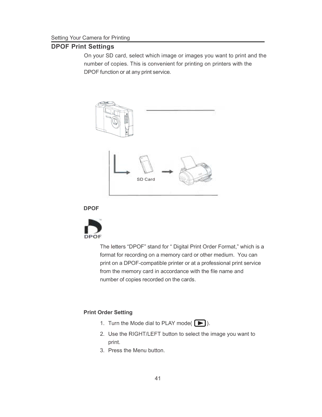 Concord Camera 3103 manual Dpof Print Settings, Print Order Setting 