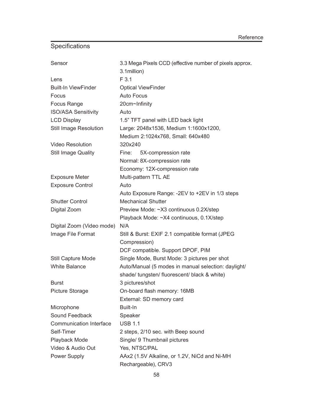 Concord Camera 3103 manual Specifications 