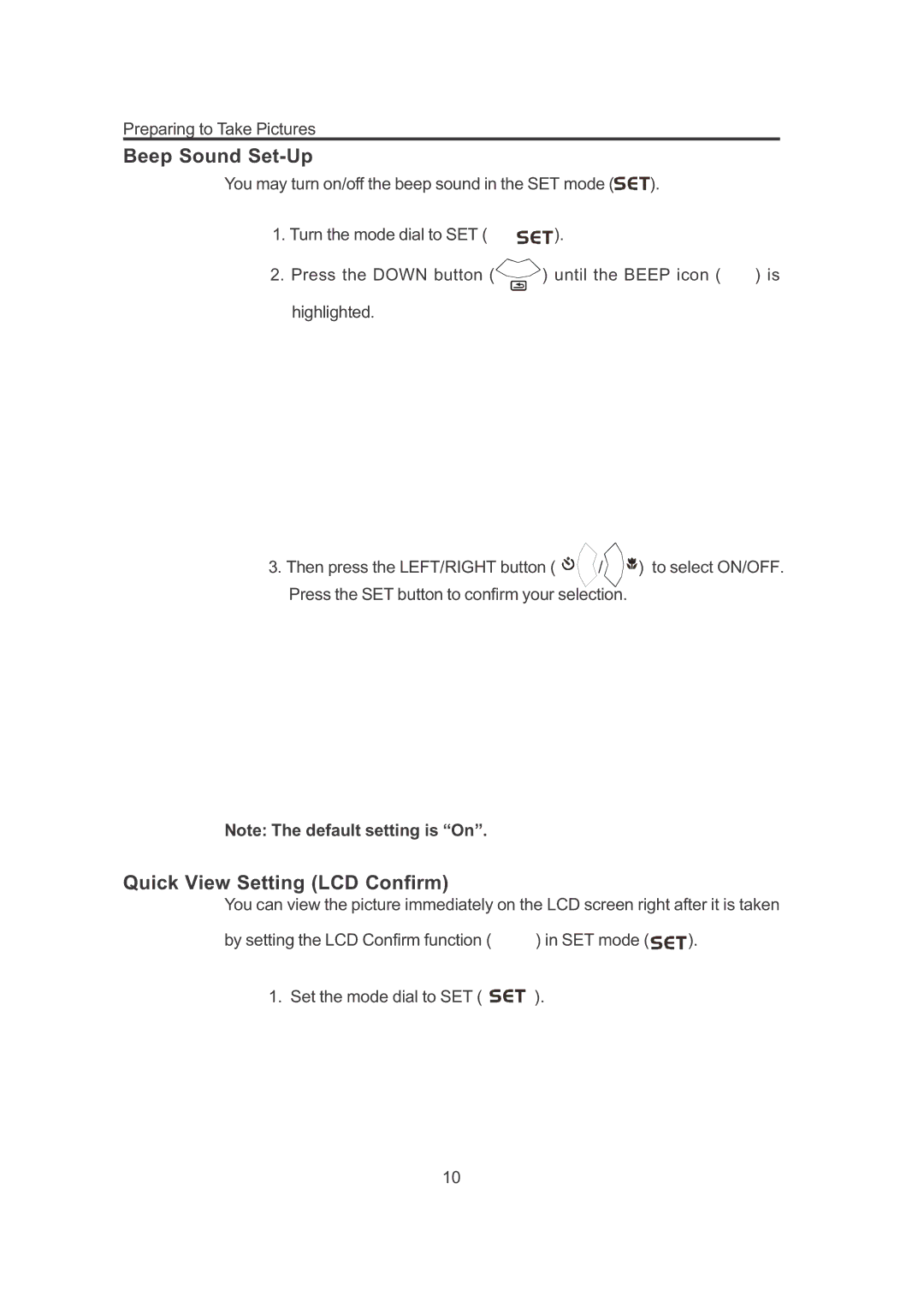 Concord Camera 3132z manual Beep Sound Set-Up, Quick View Setting LCD Confirm 