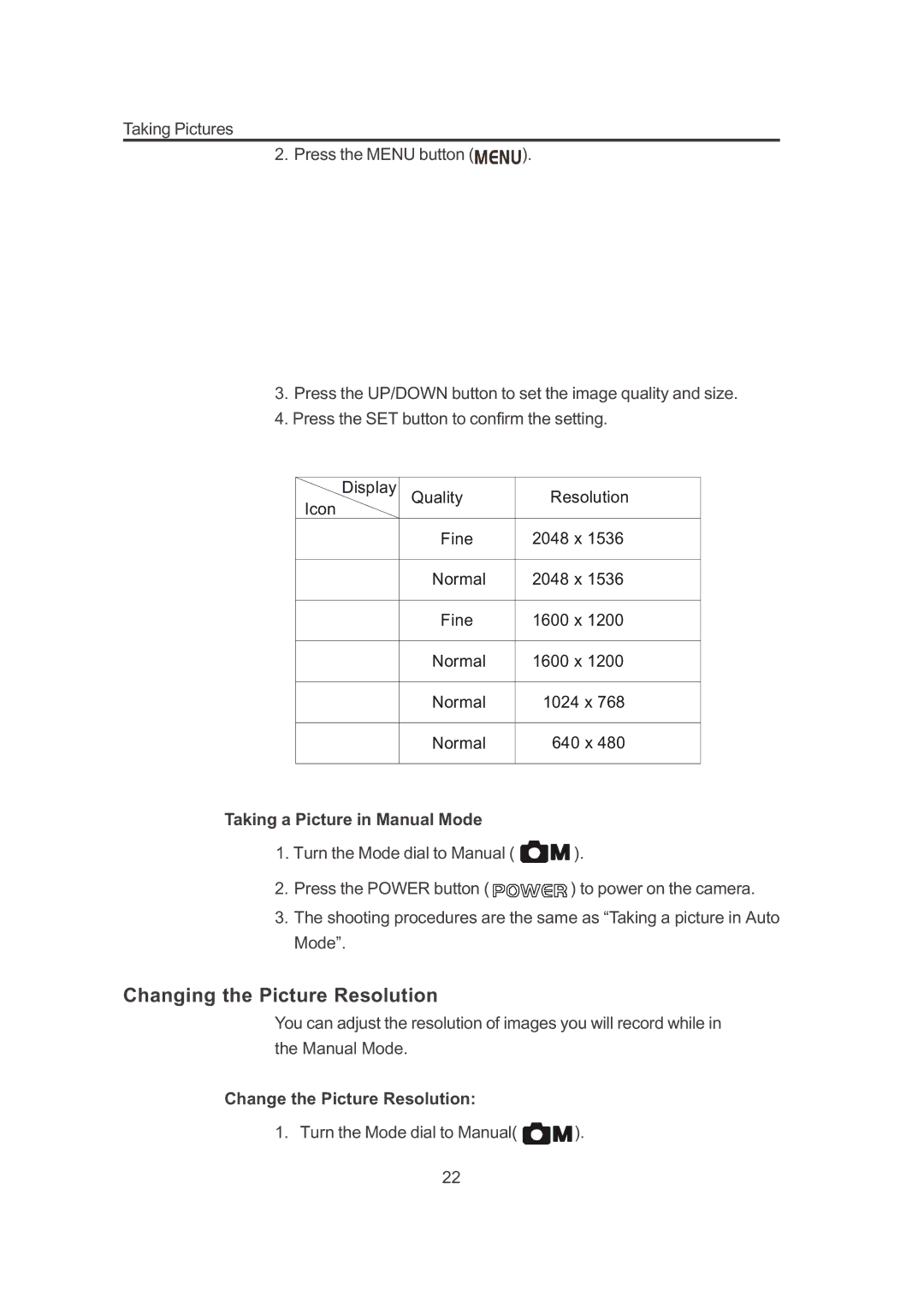 Concord Camera 3132z manual Changing the Picture Resolution, Taking a Picture in Manual Mode, Change the Picture Resolution 