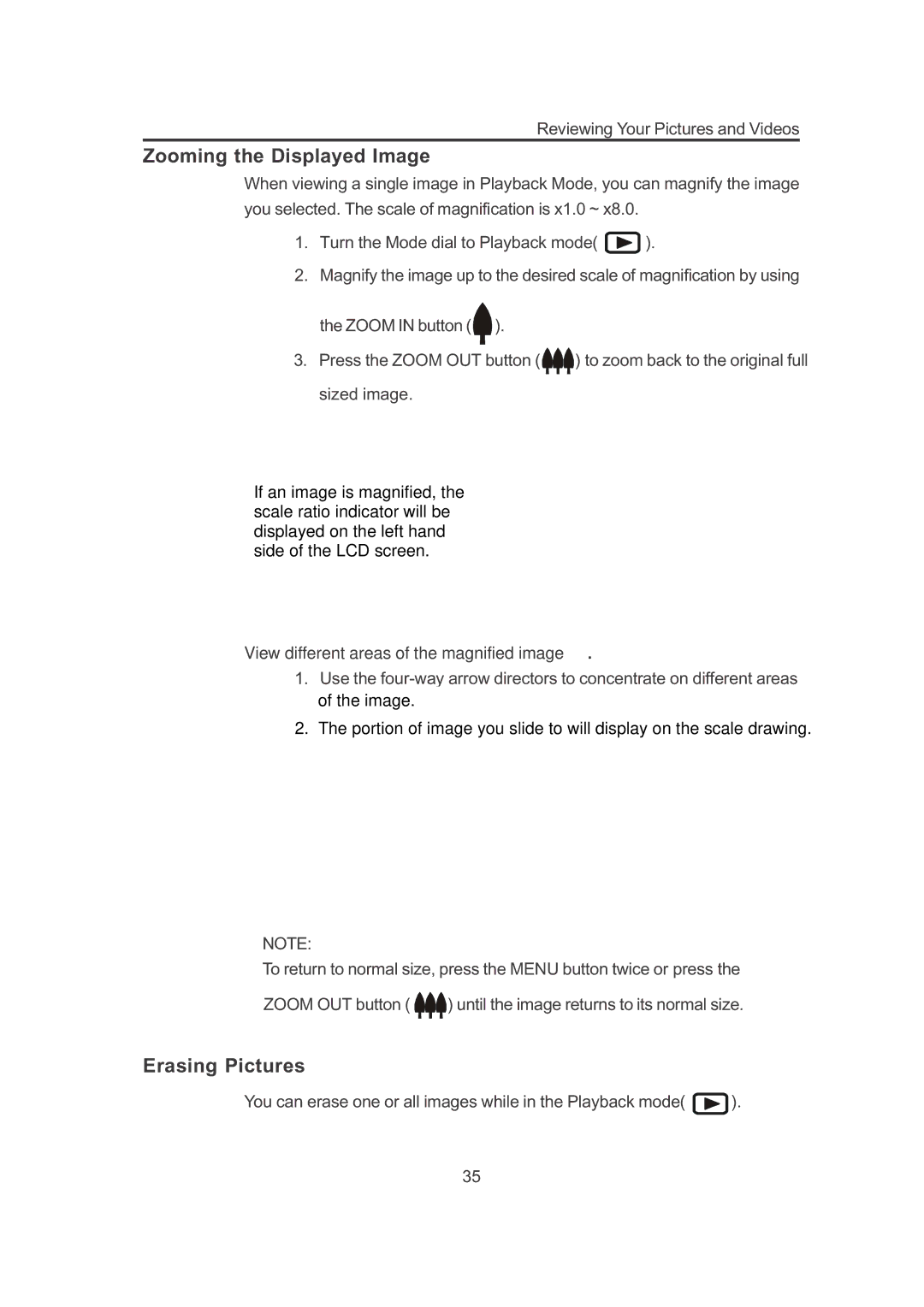 Concord Camera 3132z manual Zooming the Displayed Image, Erasing Pictures, View different areas of the magnified image 