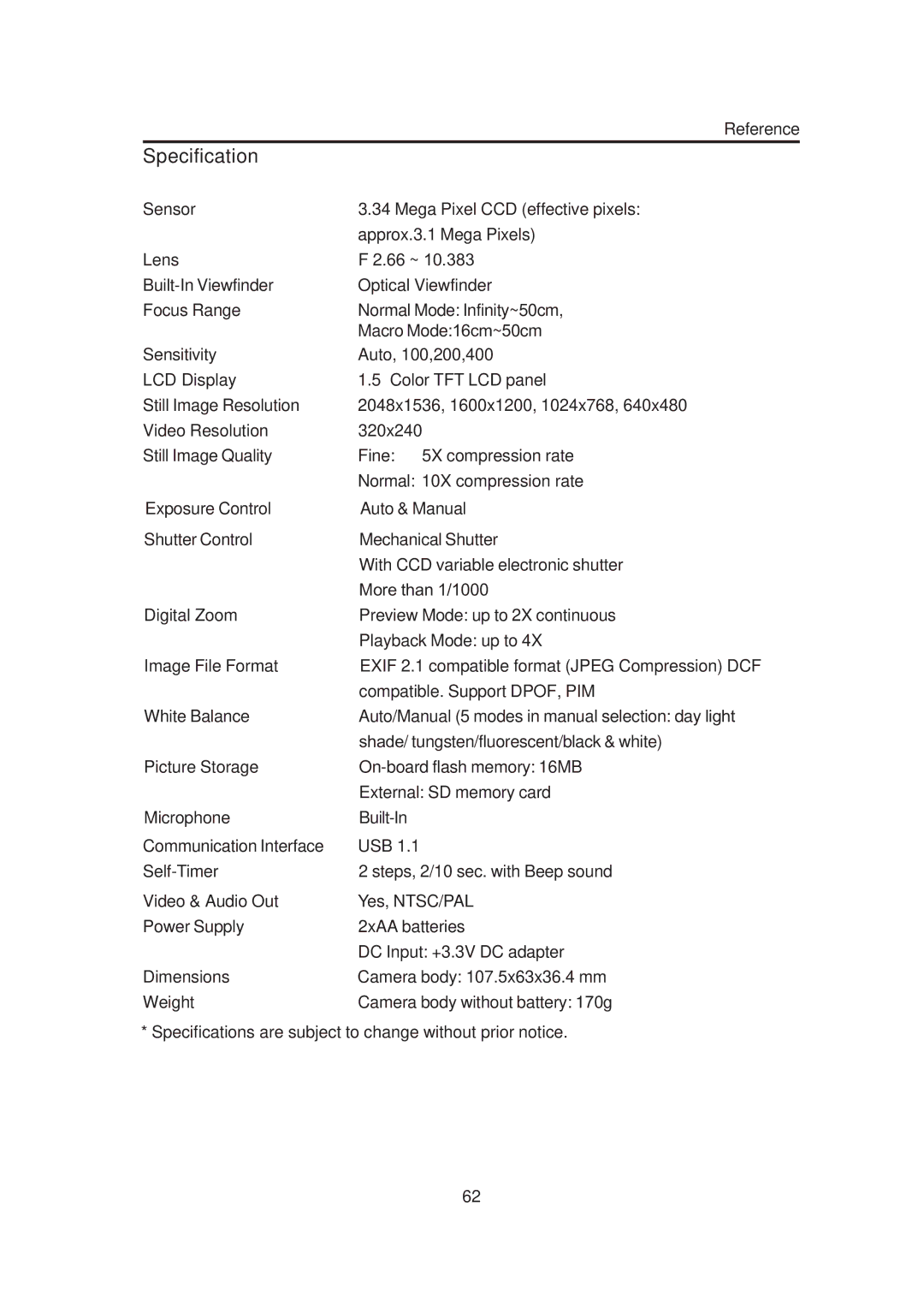 Concord Camera 3132z manual Specification 