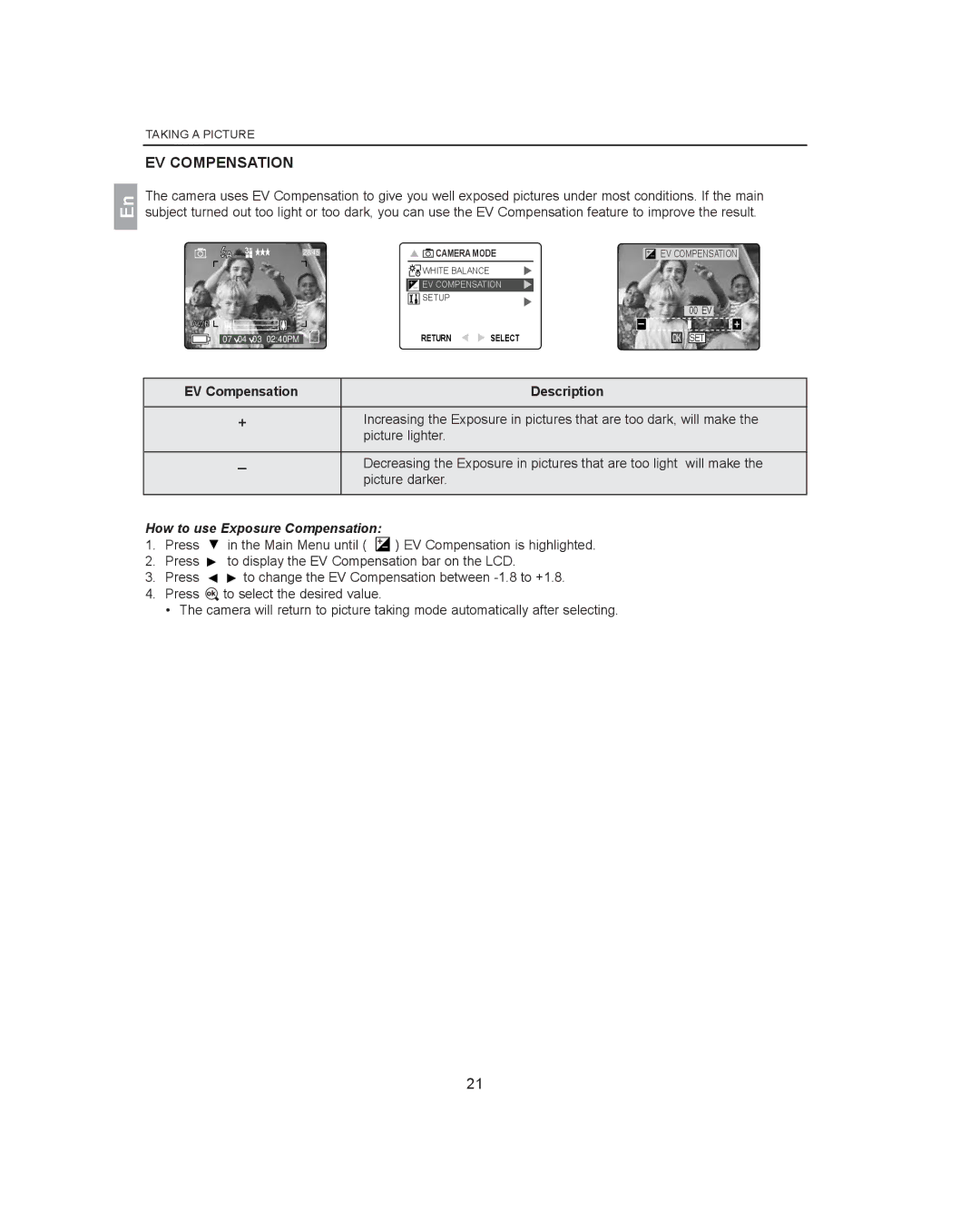 Concord Camera 3341z manual EV Compensation, How to use Exposure Compensation 