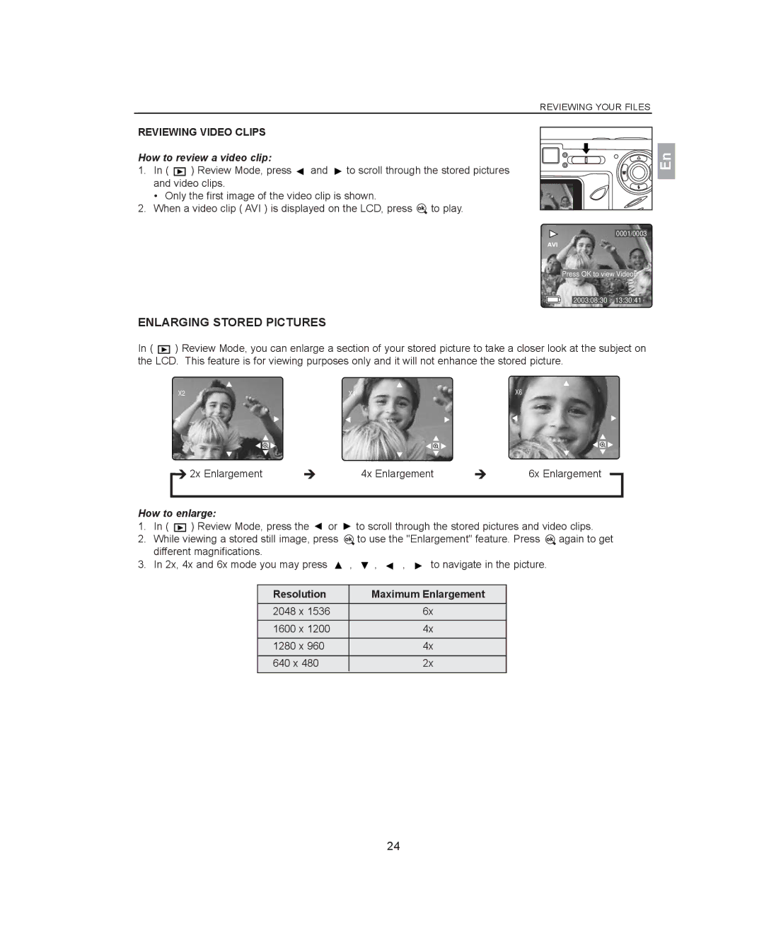 Concord Camera 3341z Enlarging Stored Pictures, How to review a video clip, How to enlarge, Resolution Maximum Enlargement 