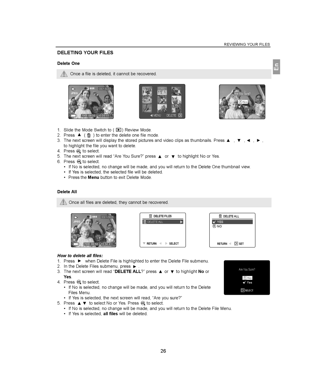 Concord Camera 3341z manual Deleting Your Files, Delete One, Delete All, How to delete all files 