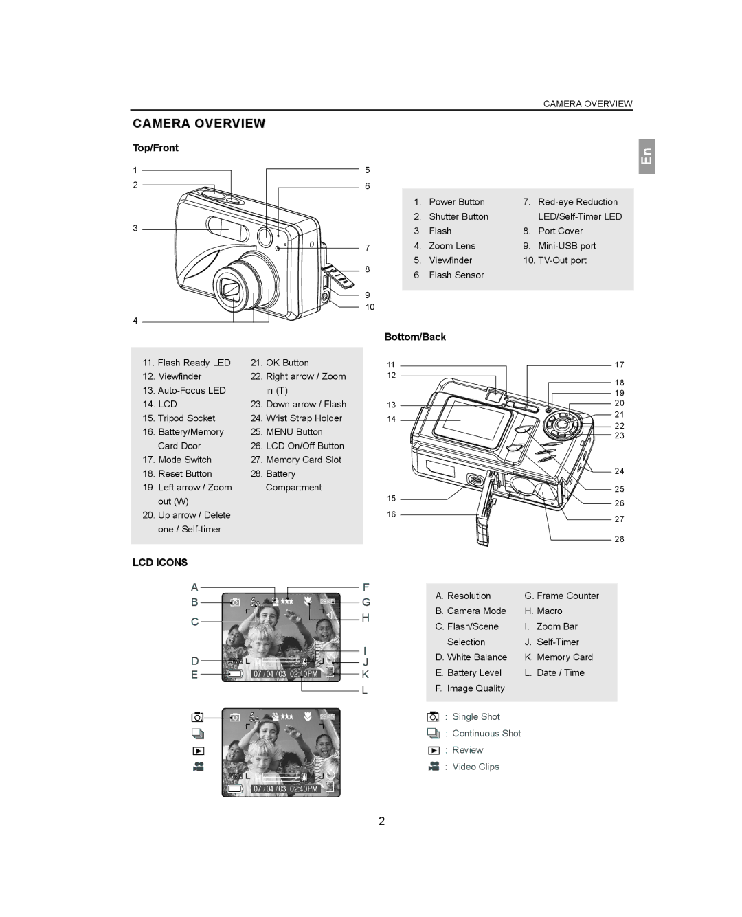 Concord Camera 3341z manual Camera Overview, Top/Front, Bottom/Back, LCD Icons 