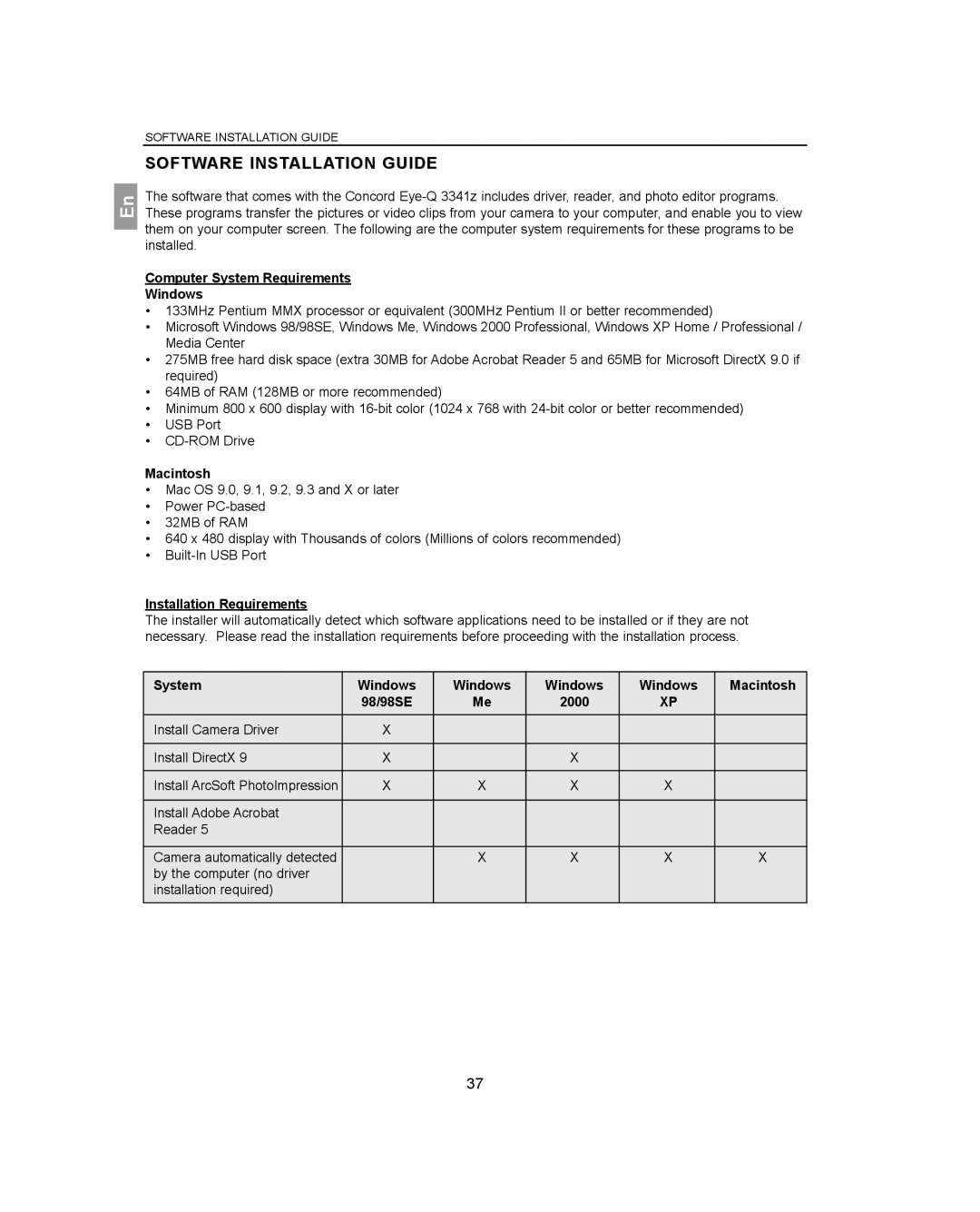 Concord Camera 3341z manual Software Installation Guide, Computer System Requirements Windows, Macintosh 