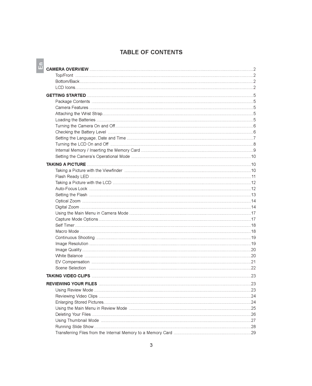 Concord Camera 3341z manual Table of Contents 