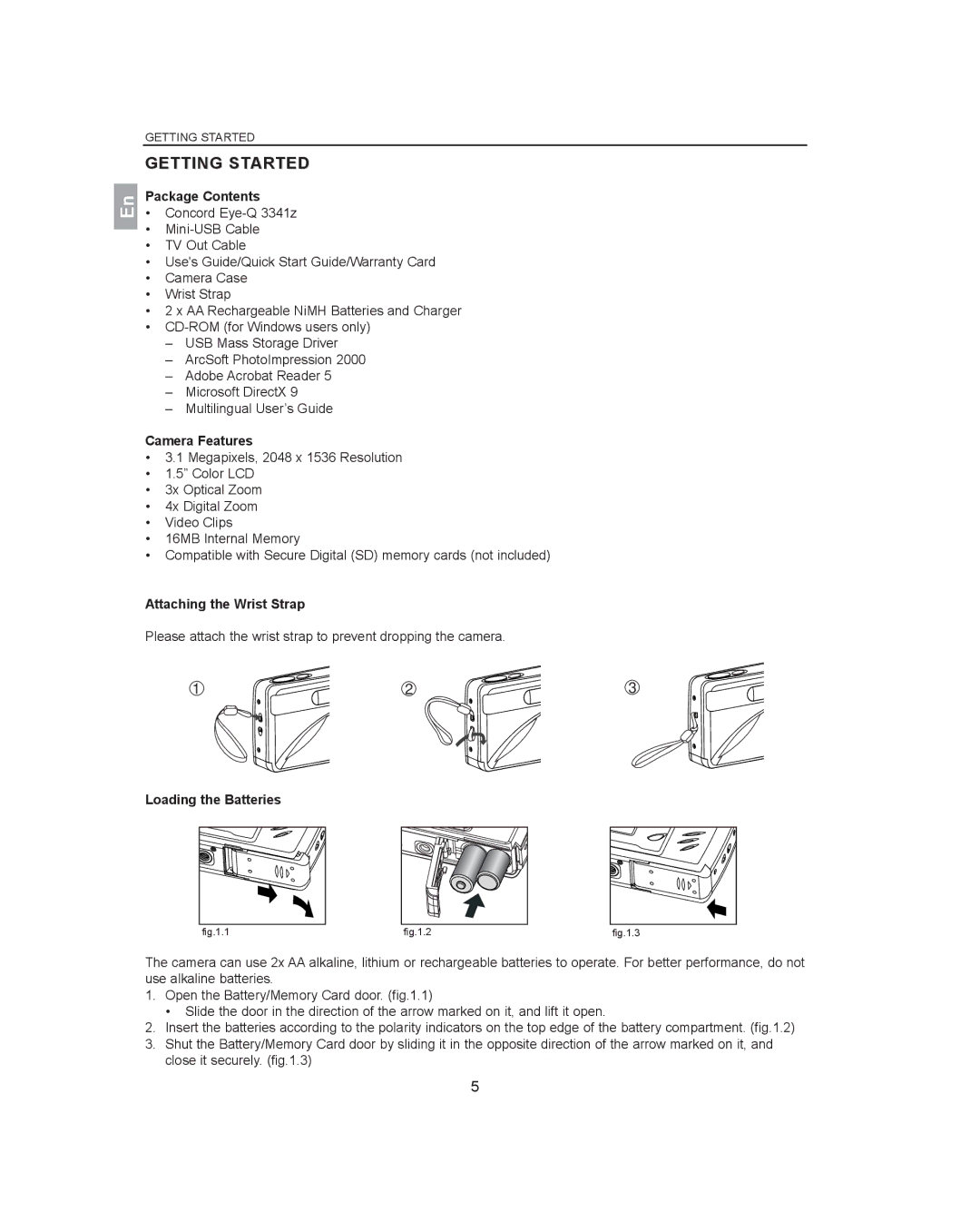 Concord Camera 3341z manual Package Contents, Camera Features, Attaching the Wrist Strap, Loading the Batteries 