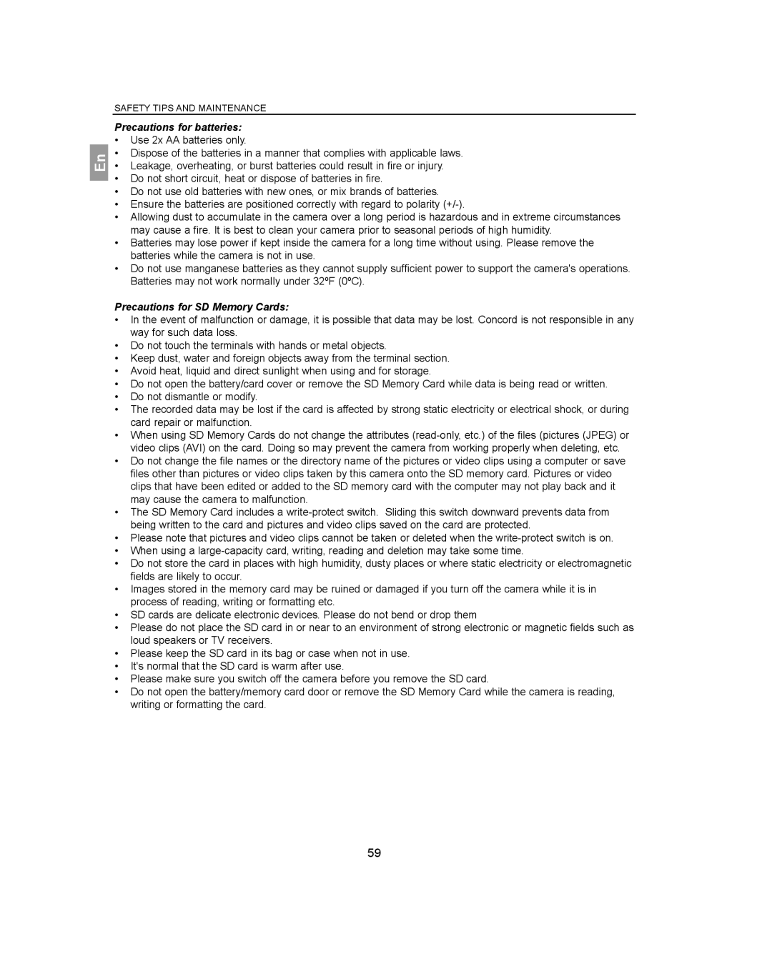 Concord Camera 3341z manual Precautions for batteries, Precautions for SD Memory Cards 