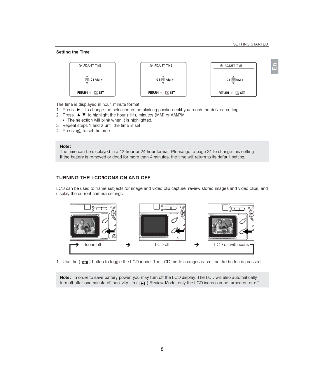 Concord Camera 3341z manual Turning the LCD/ICONS on and OFF, Setting the Time 