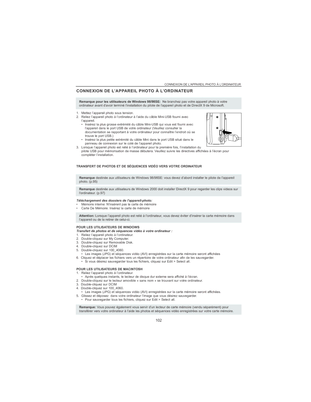 Concord Camera 4060 AF manual Connexion DE L’APPAREIL Photo À L’ORDINATEUR, 102 