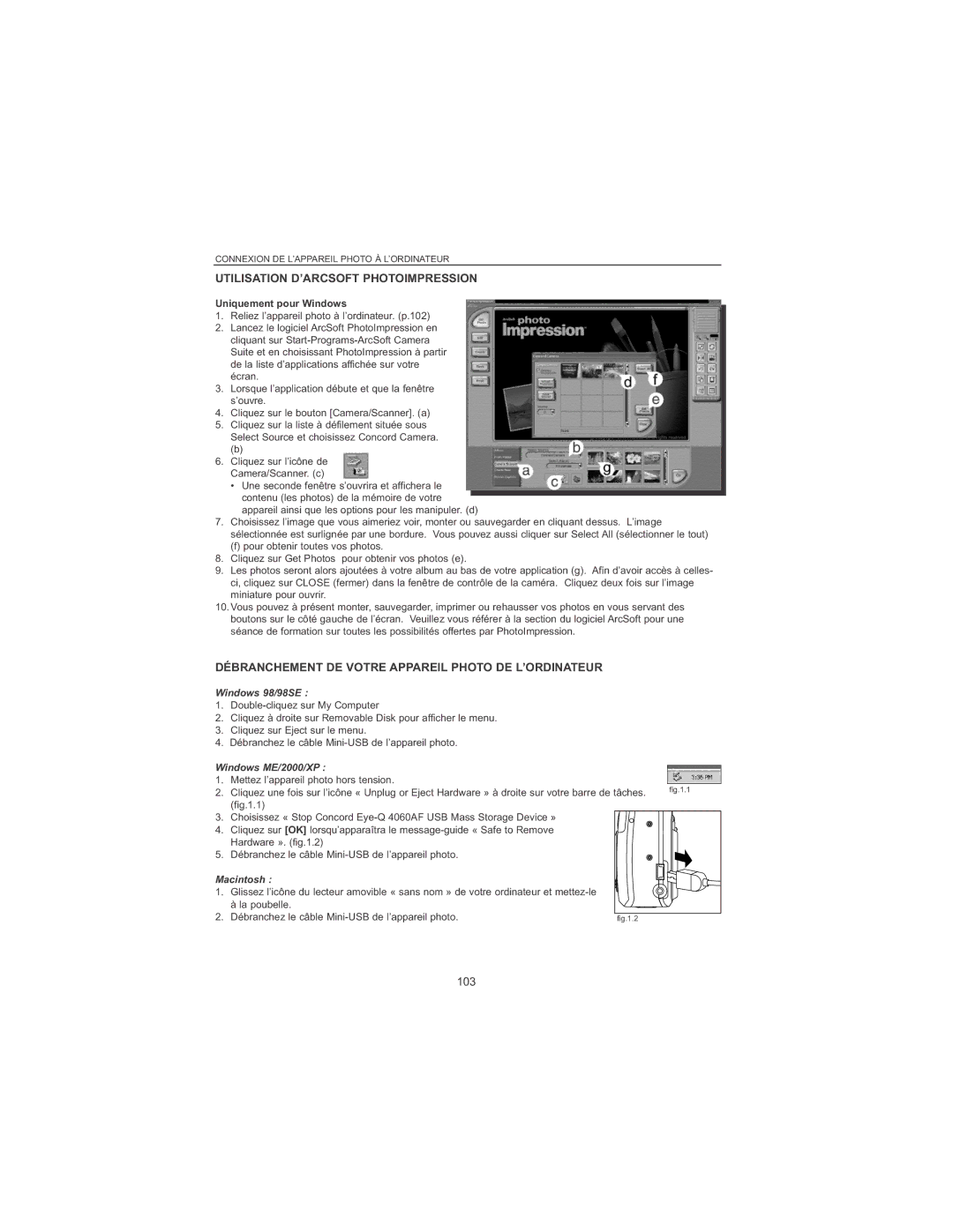 Concord Camera 4060 AF Utilisation D’ARCSOFT Photoimpression, Débranchement DE Votre Appareil Photo DE L’ORDINATEUR, 103 