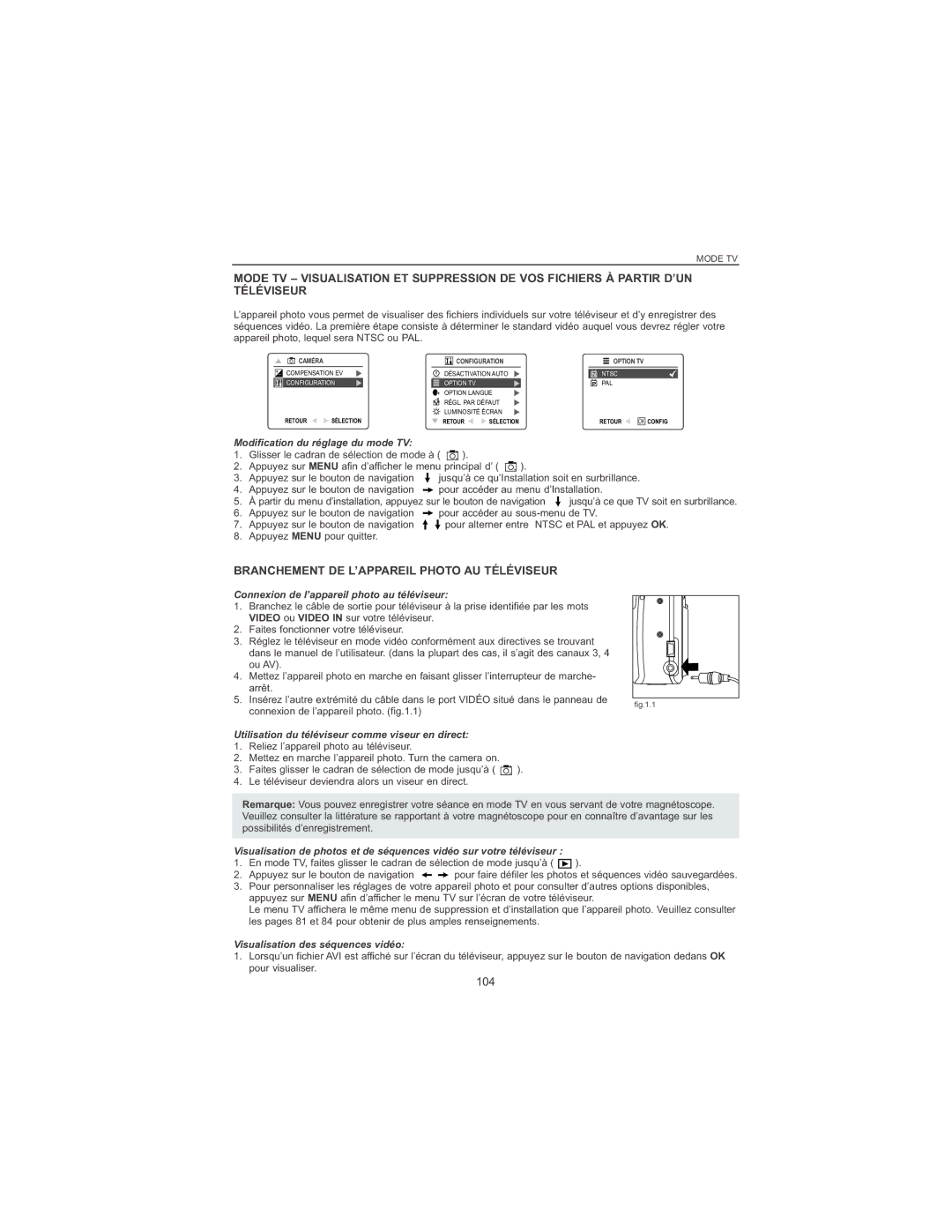 Concord Camera 4060 AF manual Branchement DE L’APPAREIL Photo AU Téléviseur, 104 