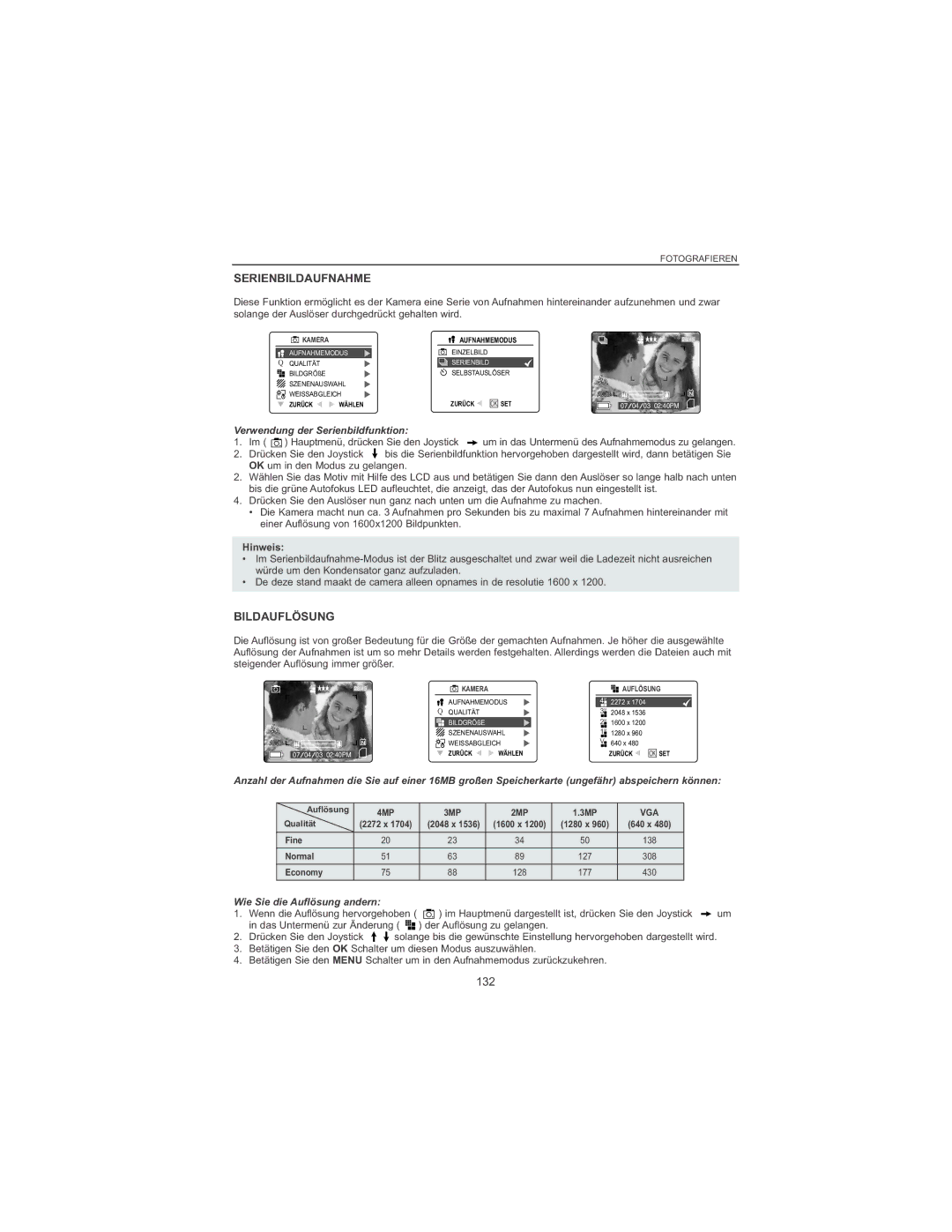 Concord Camera 4060 AF manual Serienbildaufnahme, Bildauflösung, 132, Verwendung der Serienbildfunktion 