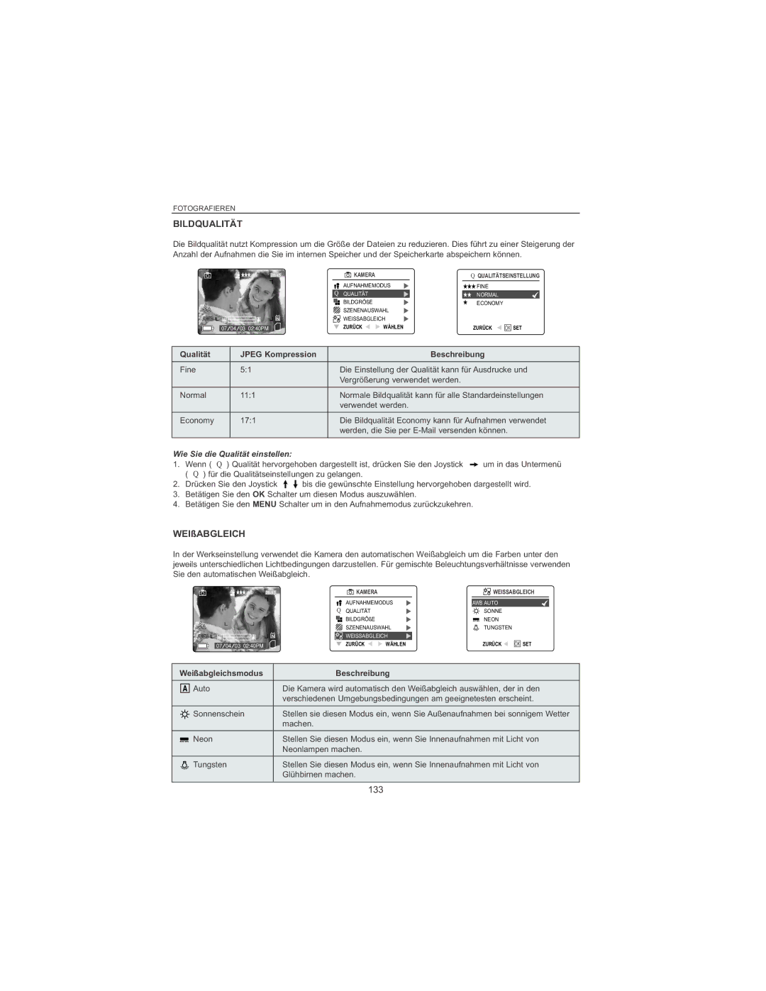 Concord Camera 4060 AF manual Bildqualität, 133, Qualität Jpeg Kompression Beschreibung, Wie Sie die Qualität einstellen 