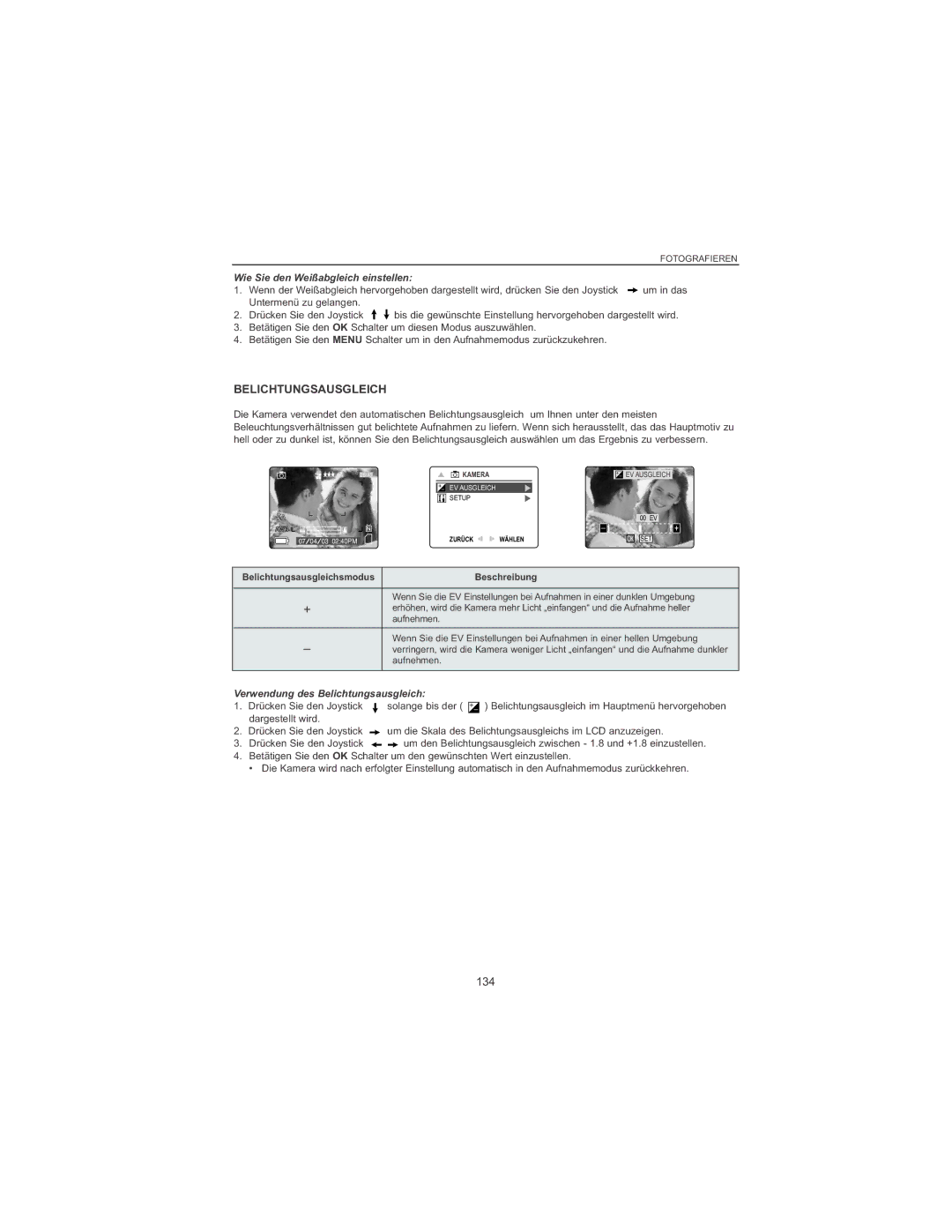 Concord Camera 4060 AF manual 134, Wie Sie den Weißabgleich einstellen, Verwendung des Belichtungsausgleich 