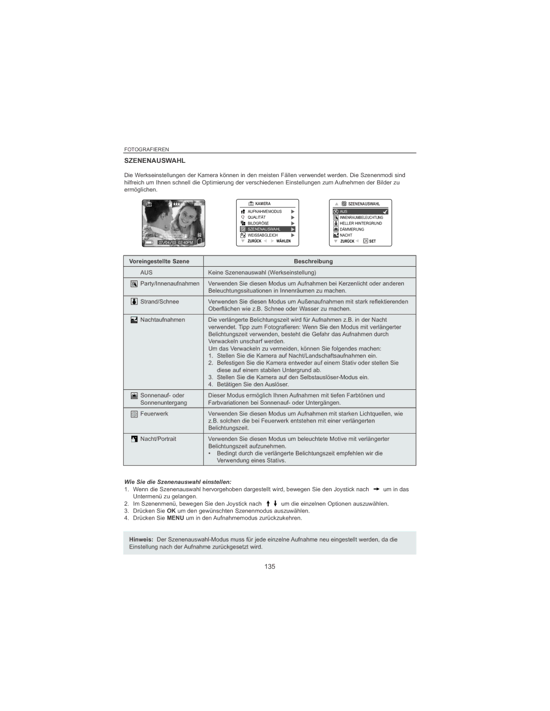 Concord Camera 4060 AF manual 135, Voreingestellte Szene Beschreibung, Wie Sie die Szenenauswahl einstellen 