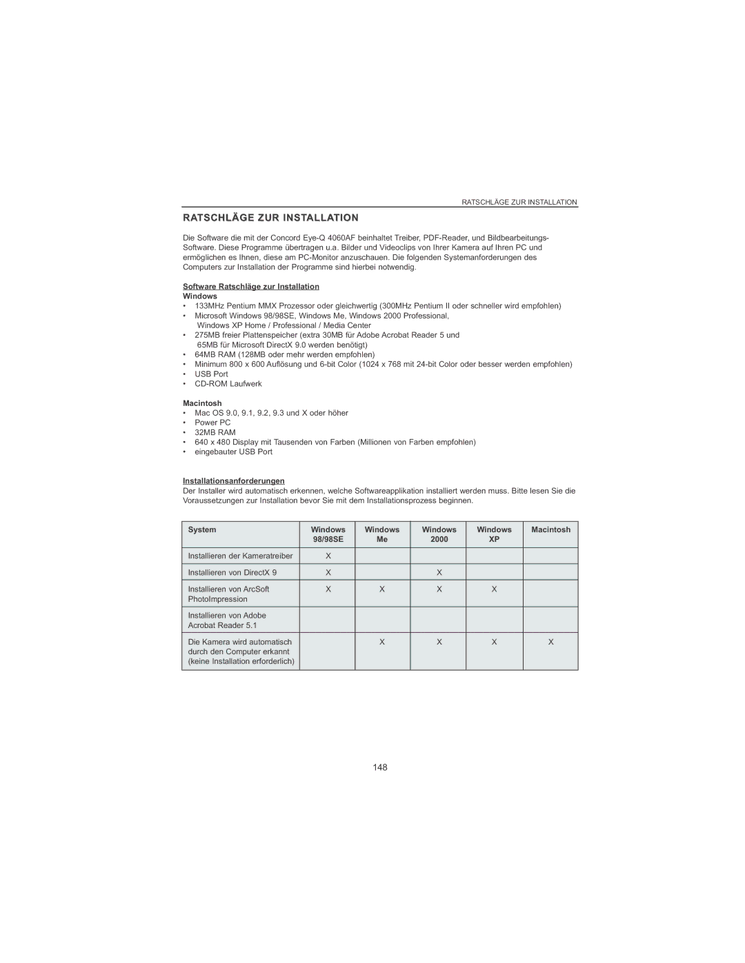 Concord Camera 4060 AF manual Ratschläge ZUR Installation, 148, Software Ratschläge zur Installation Windows 