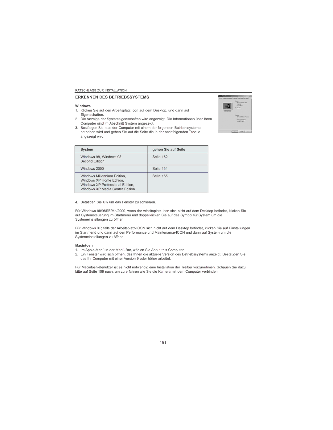 Concord Camera 4060 AF manual Erkennen DES Betriebssystems, 151, System Gehen Sie auf Seite 