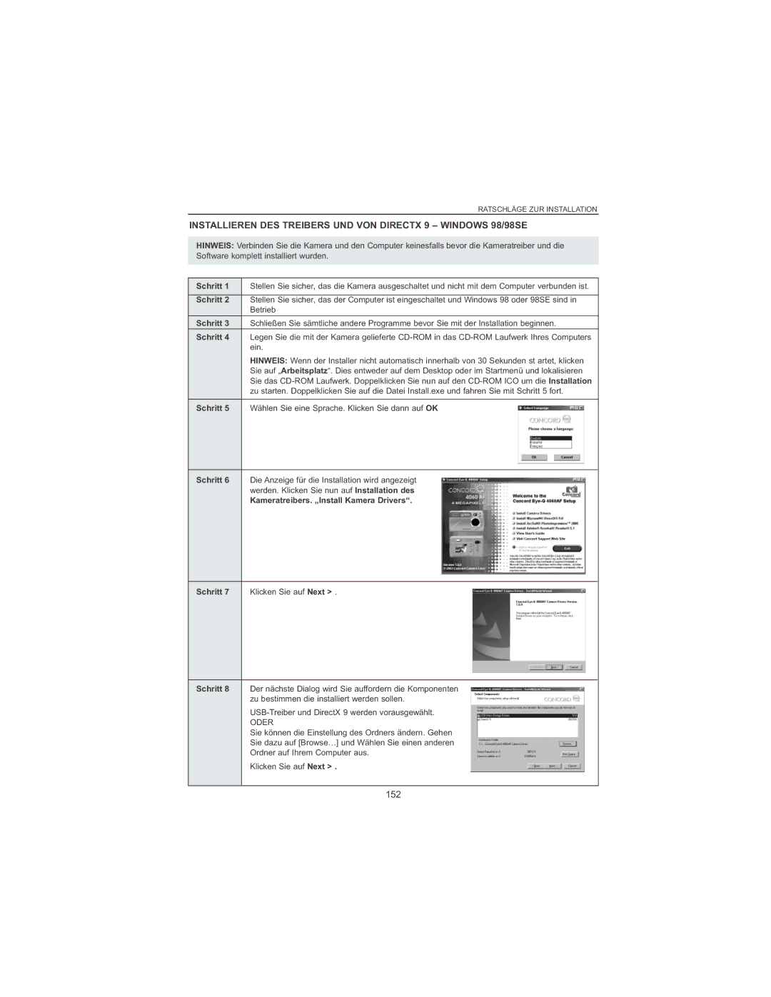 Concord Camera 4060 AF manual Installieren DES Treibers UND VON Directx 9 Windows 98/98SE, 152, Schritt 