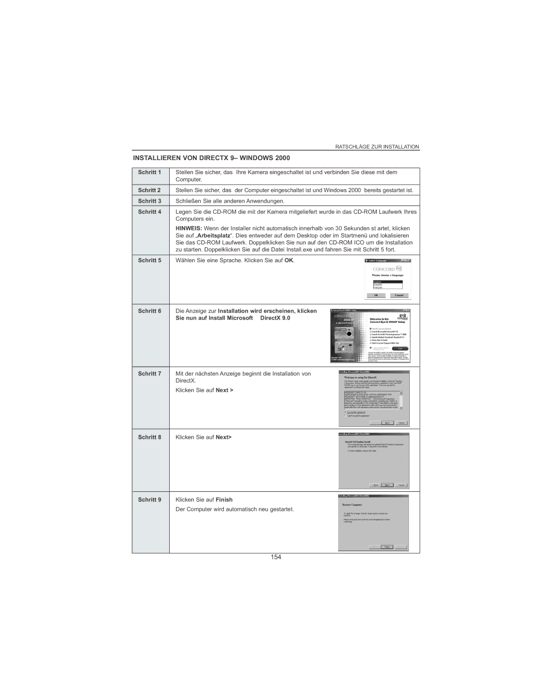 Concord Camera 4060 AF Installieren VON Directx 9- Windows, 154, Schließen Sie alle anderen Anwendungen, Computers ein 