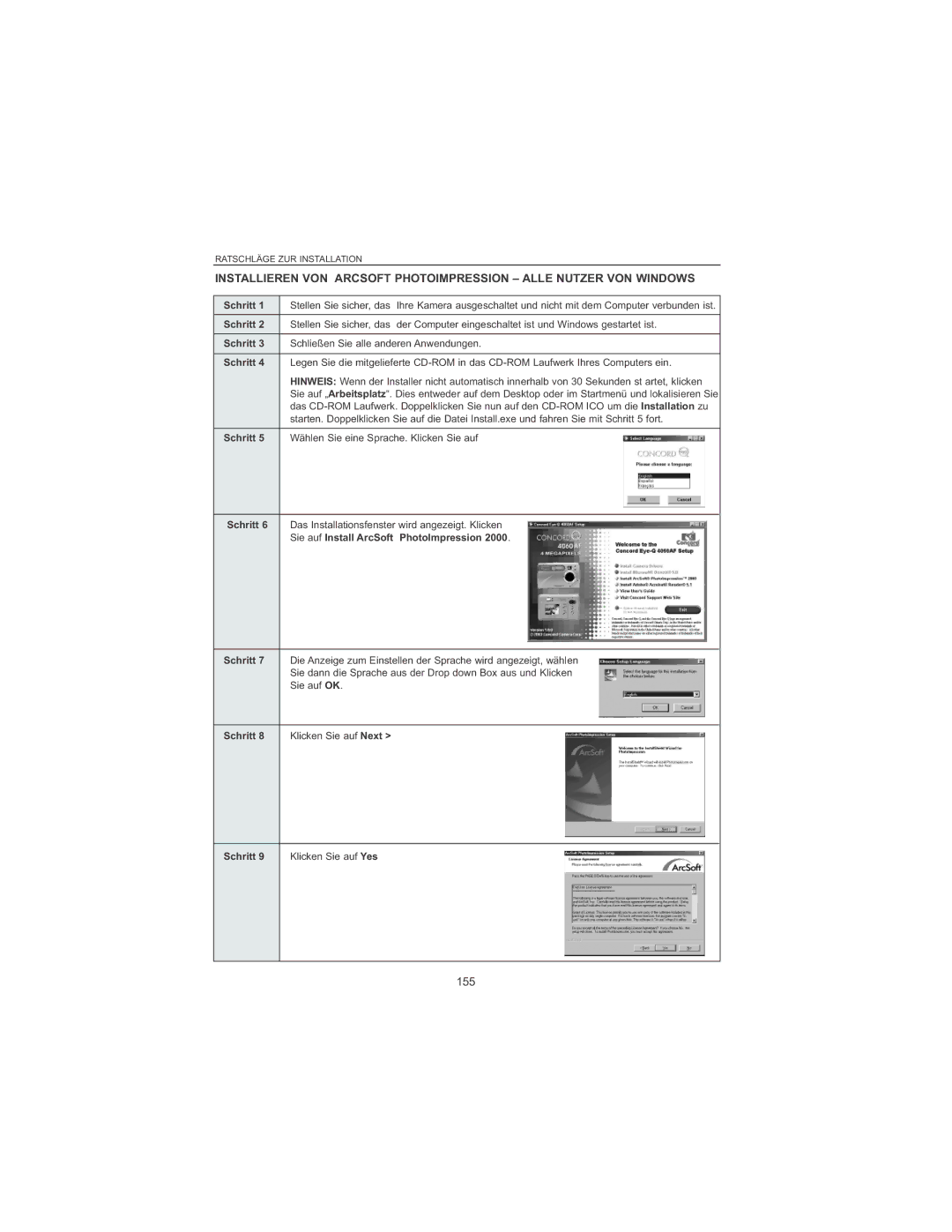 Concord Camera 4060 AF manual 155, Der Computer eingeschaltet ist und Windows gestartet ist, Klicken Sie auf Yes 