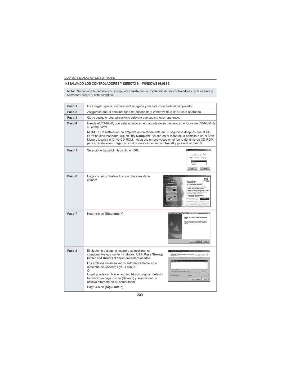 Concord Camera 4060 AF manual Instalando LOS Controladores Y Directx 9 Windows 98/98SE, 209, Paso 