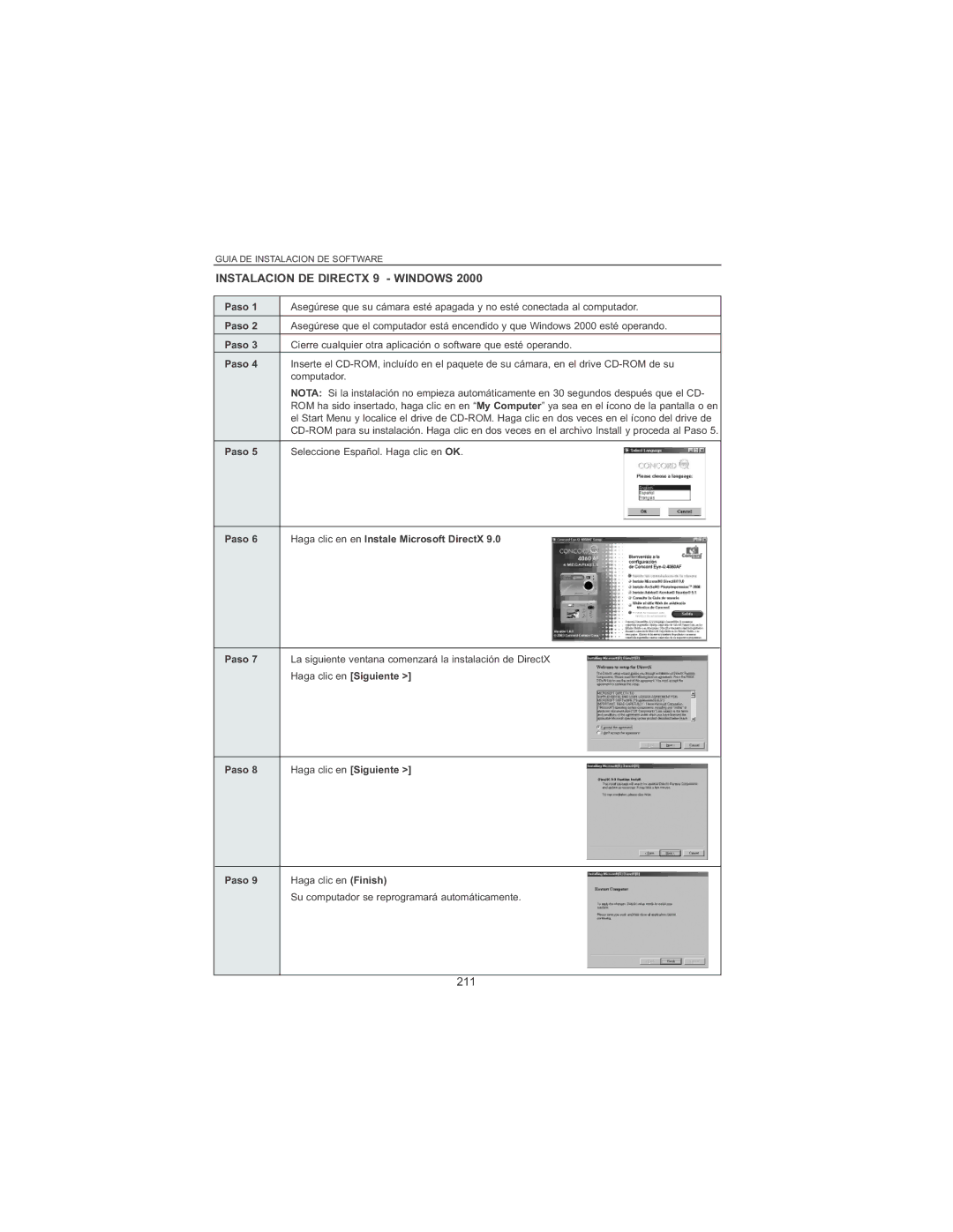 Concord Camera 4060 AF manual Instalacion DE Directx 9 Windows, 211, Paso Haga clic en en Instale Microsoft DirectX 