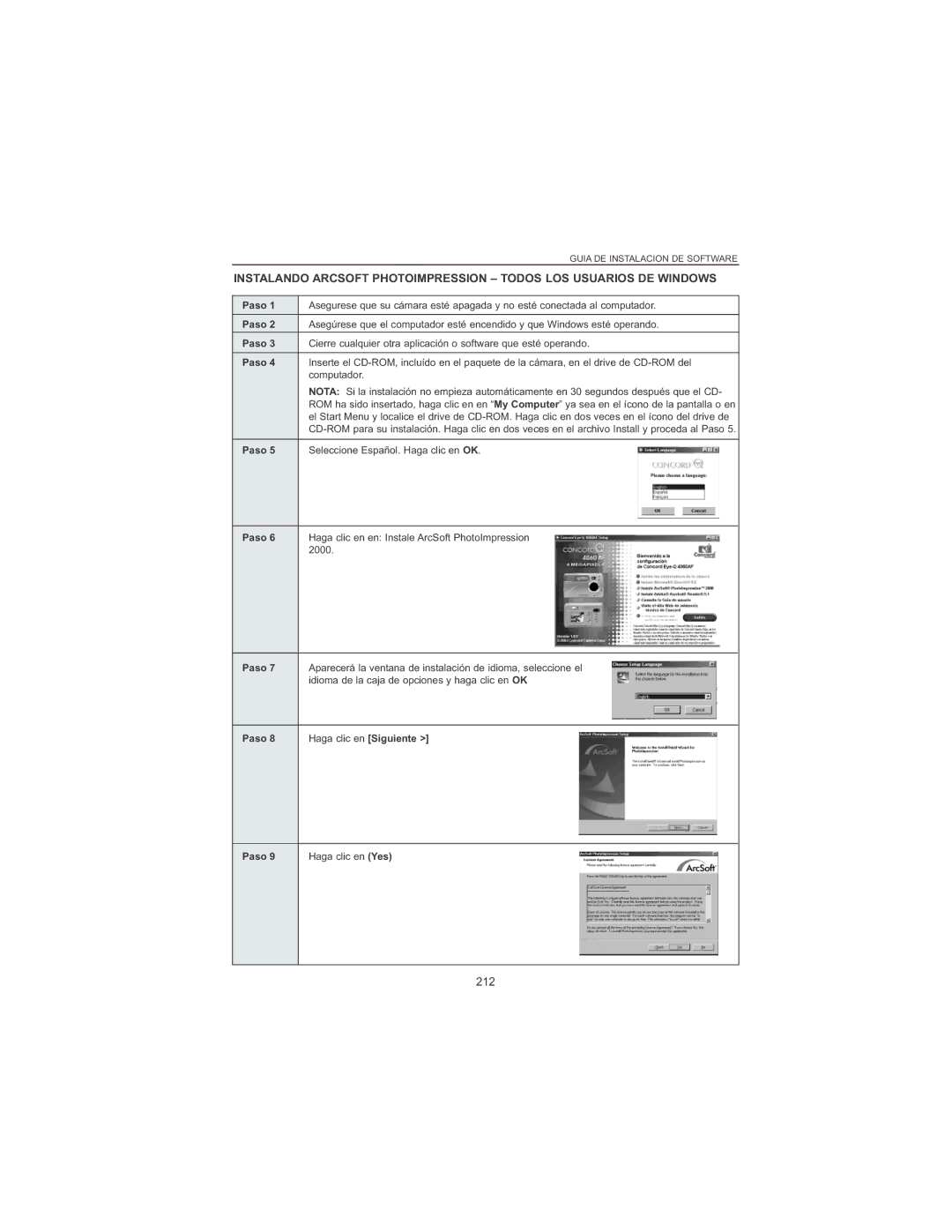 Concord Camera 4060 AF manual 212, Haga clic en en Instale ArcSoft PhotoImpression, Haga clic en Yes 