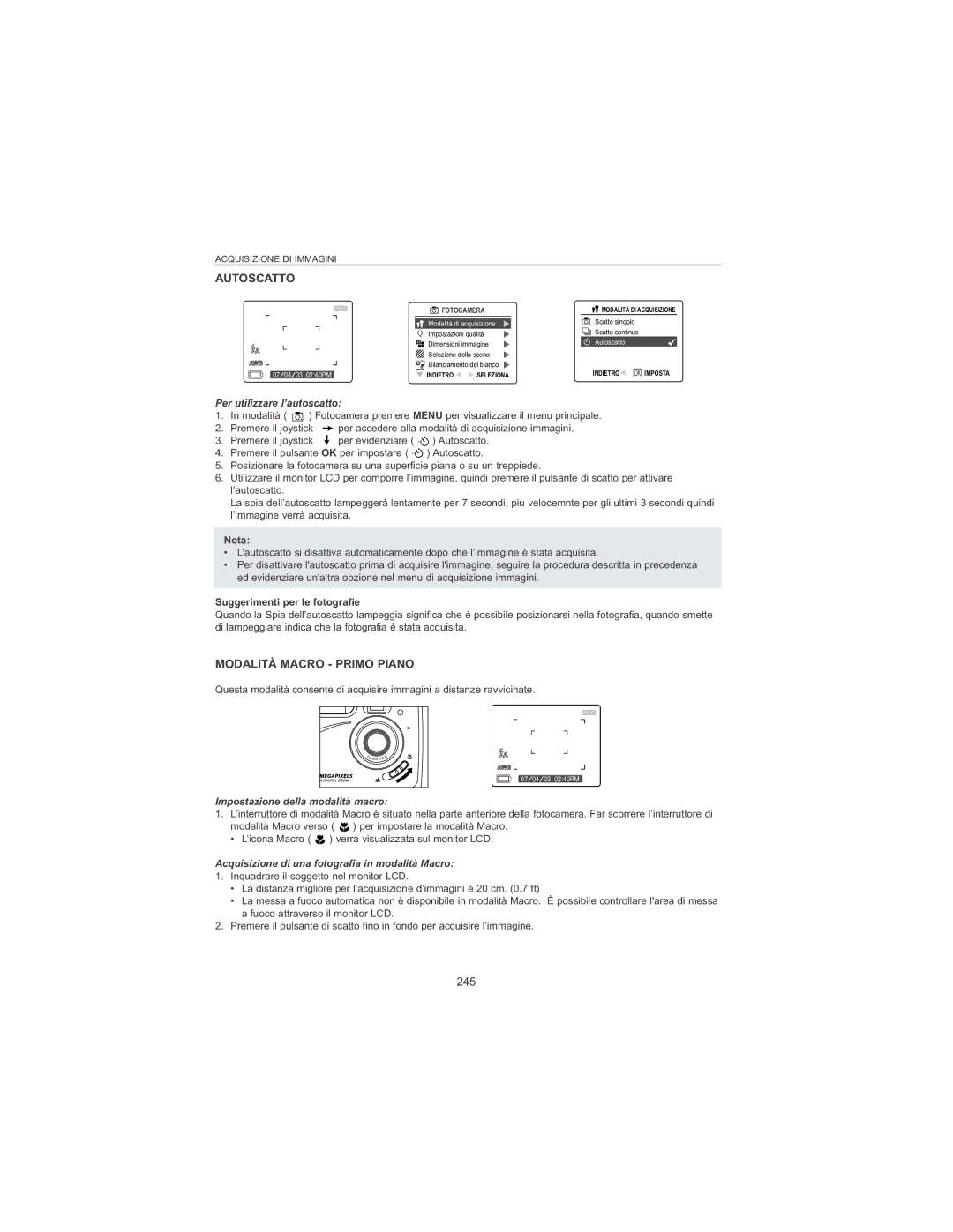 Concord Camera 4060 AF manual Autoscatto, Modalità Macro Primo Piano, 245 
