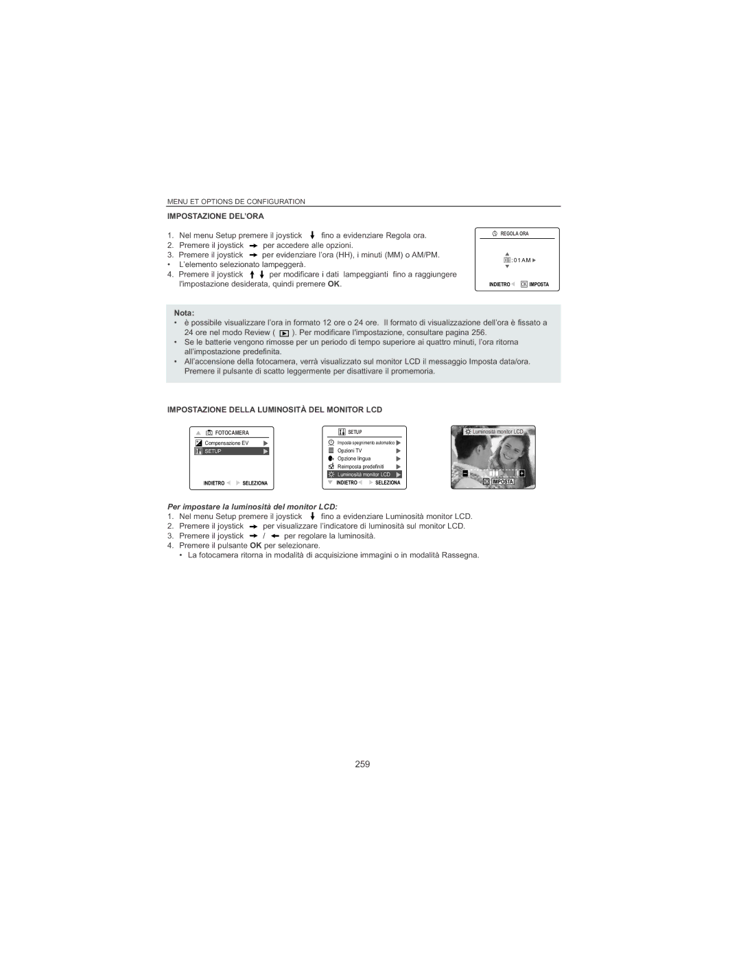 Concord Camera 4060 AF manual 259, Impostazione DEL’ORA, Impostazione Della Luminosità DEL Monitor LCD, Regola ORA 