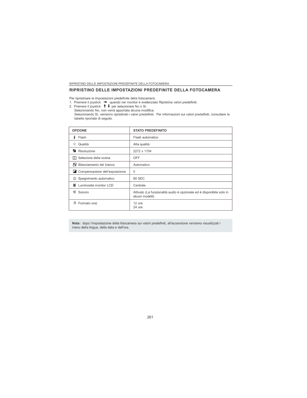 Concord Camera 4060 AF manual Ripristino Delle Impostazioni Predefinite Della Fotocamera, 261, Opzione Stato Predefinito 