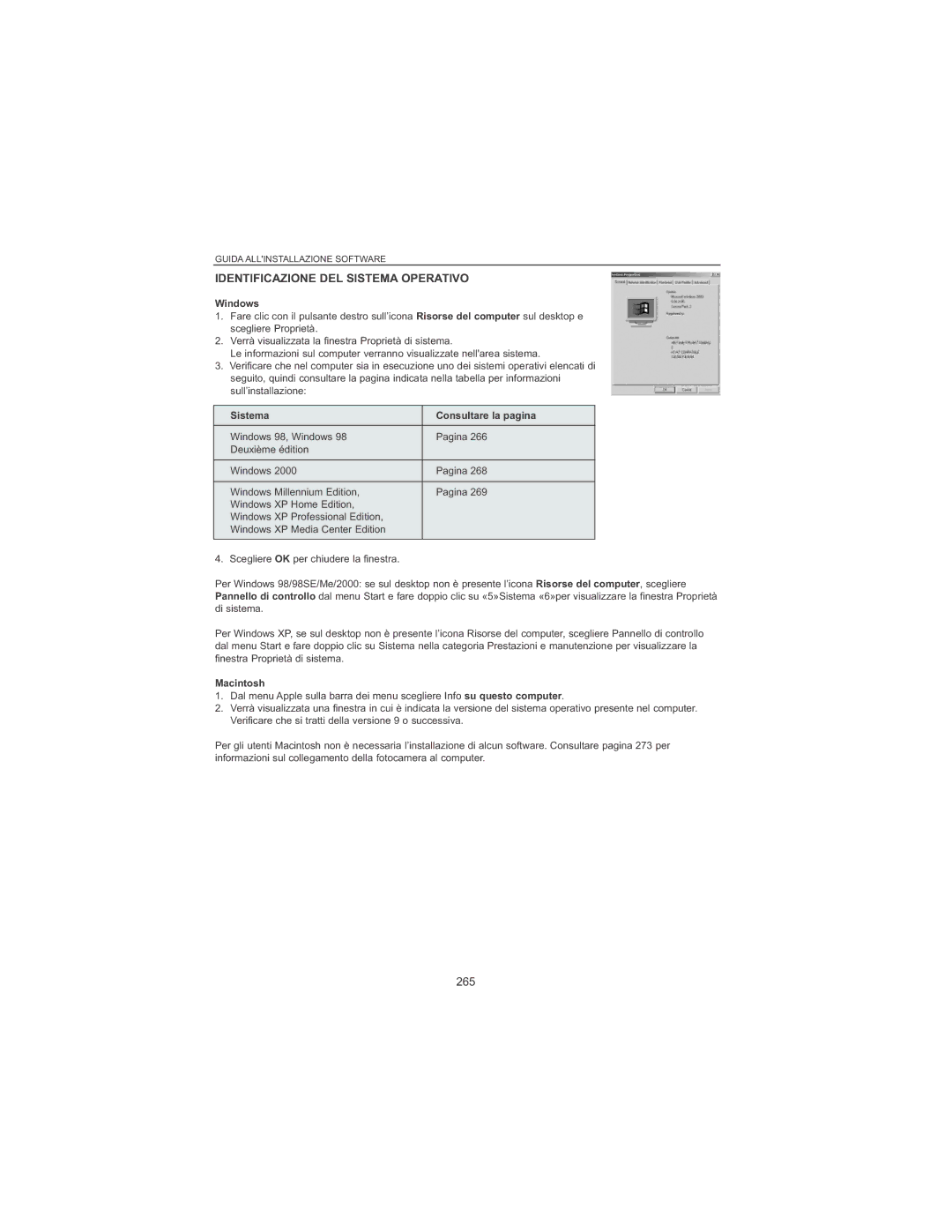 Concord Camera 4060 AF manual Identificazione DEL Sistema Operativo, 265, Sistema Consultare la pagina 