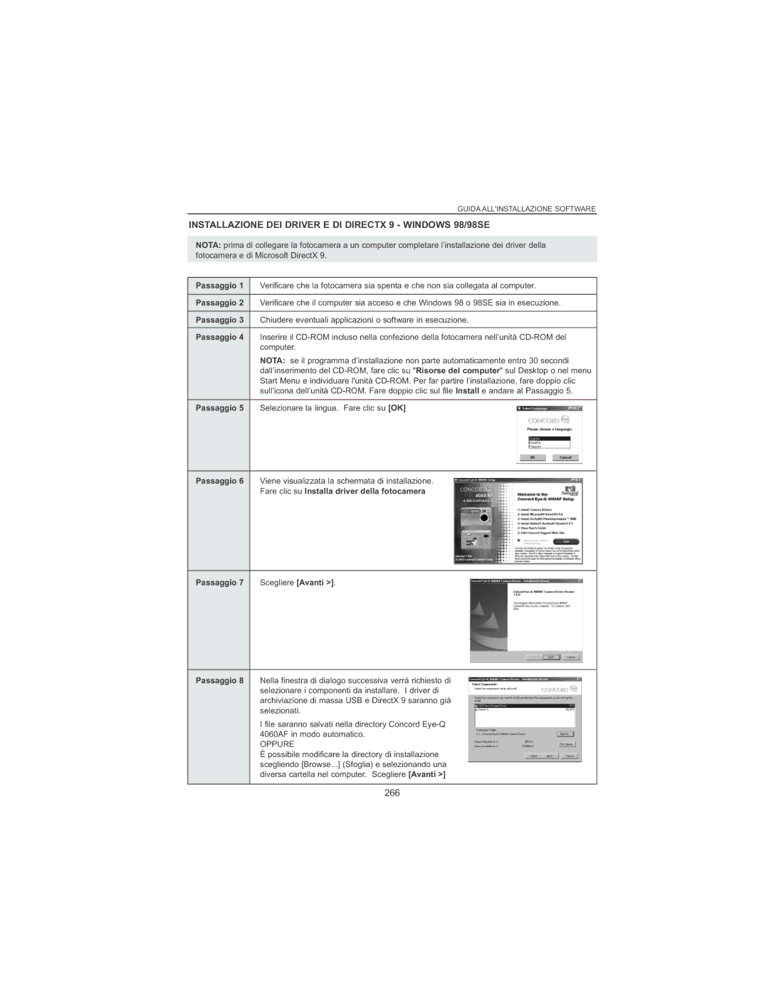 Concord Camera 4060 AF manual Installazione DEI Driver E DI Directx 9 Windows 98/98SE, 266, Passaggio 