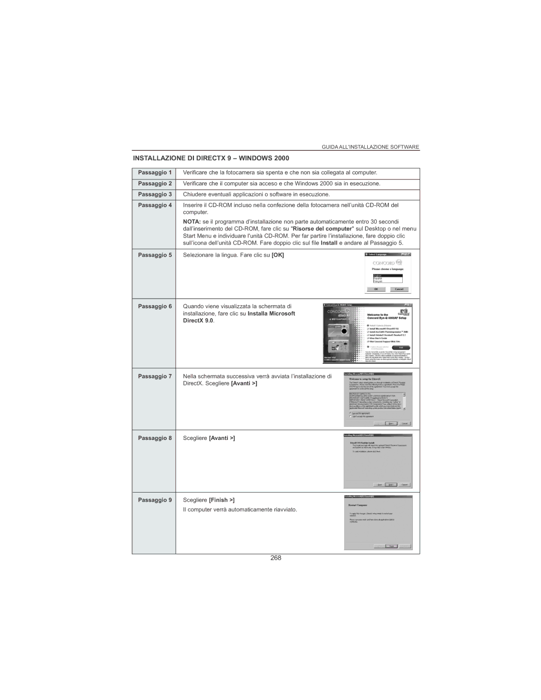 Concord Camera 4060 AF manual Installazione DI Directx 9 Windows, 268, DirectX Passaggio 