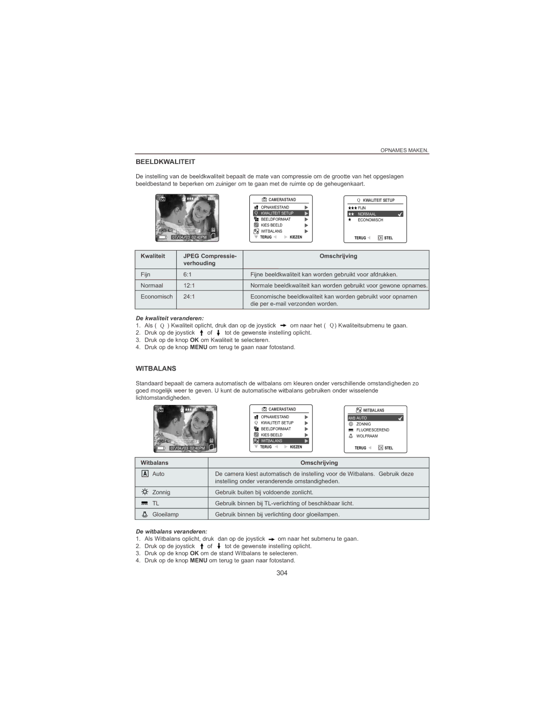 Concord Camera 4060 AF manual Beeldkwaliteit, Witbalans, 304, De kwaliteit veranderen, De witbalans veranderen 