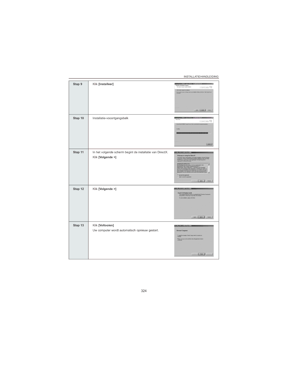 Concord Camera 4060 AF manual 324, Stap Klik Installeer, Installatie-vooortgangsbalk, Stap Klik Volgende Klik Voltooien 