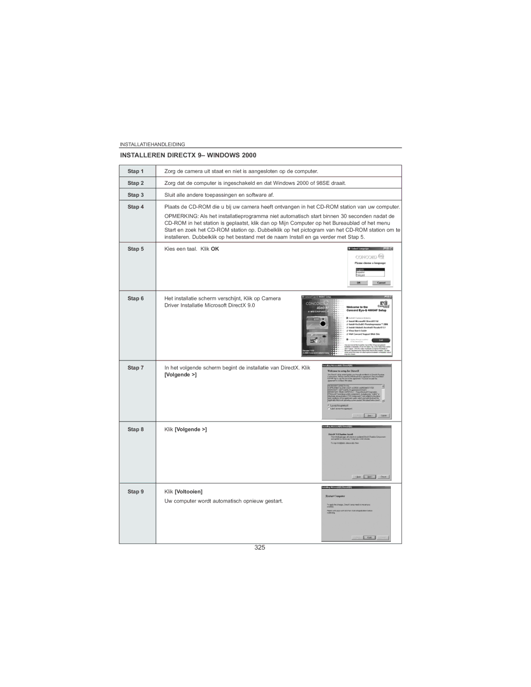 Concord Camera 4060 AF manual Installeren Directx 9- Windows, 325 