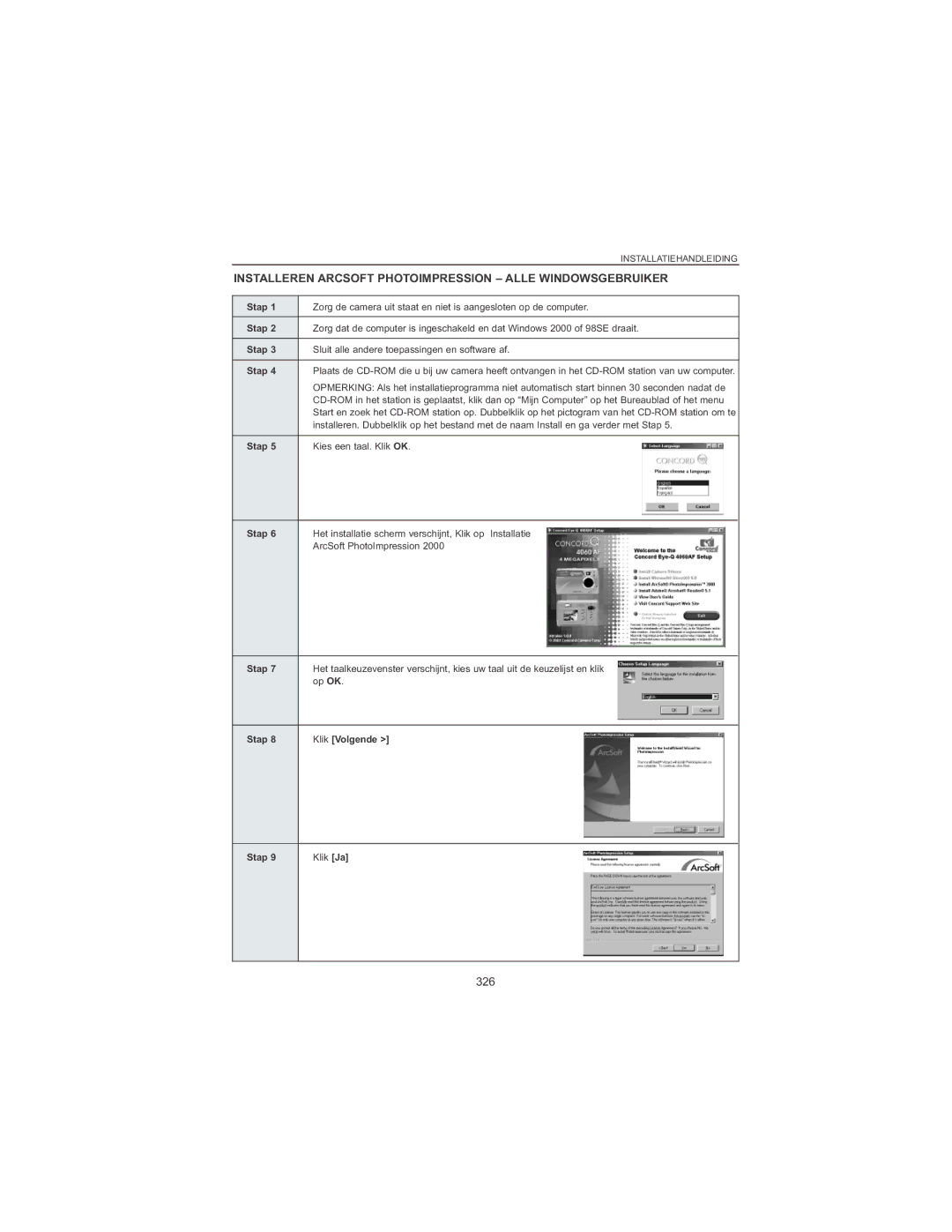 Concord Camera 4060 AF manual Installeren Arcsoft Photoimpression Alle Windowsgebruiker, 326 