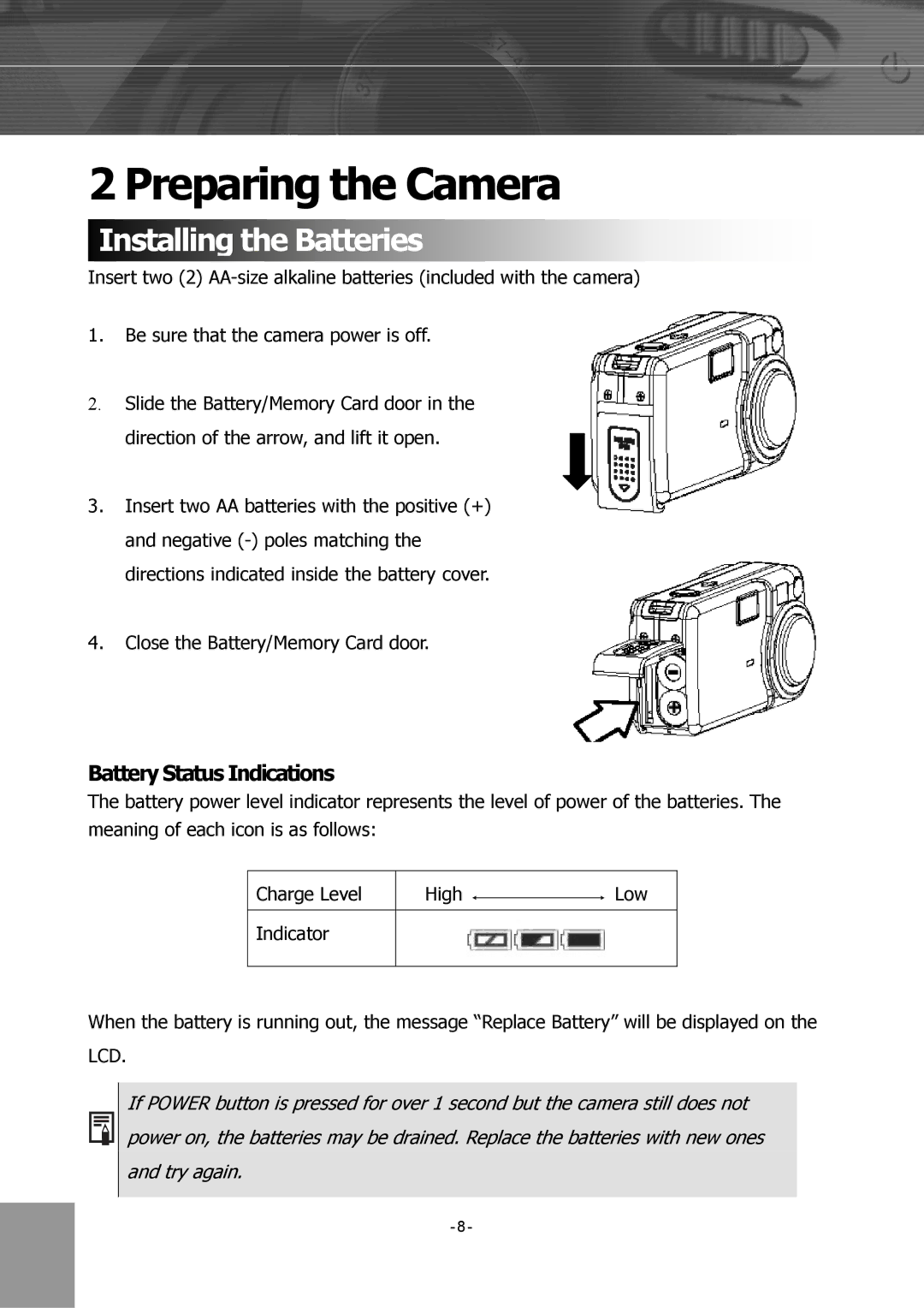 Concord Camera 4340z manual Preparing the Camera, Installing the Batteries, Battery Status Indications 