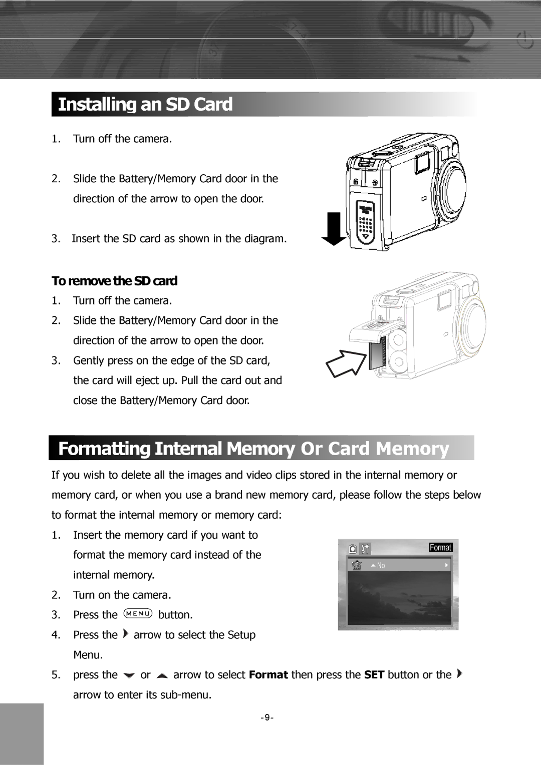 Concord Camera 4340z manual Installing an SD Card, Formatting Internal Memory Or Card Memory 