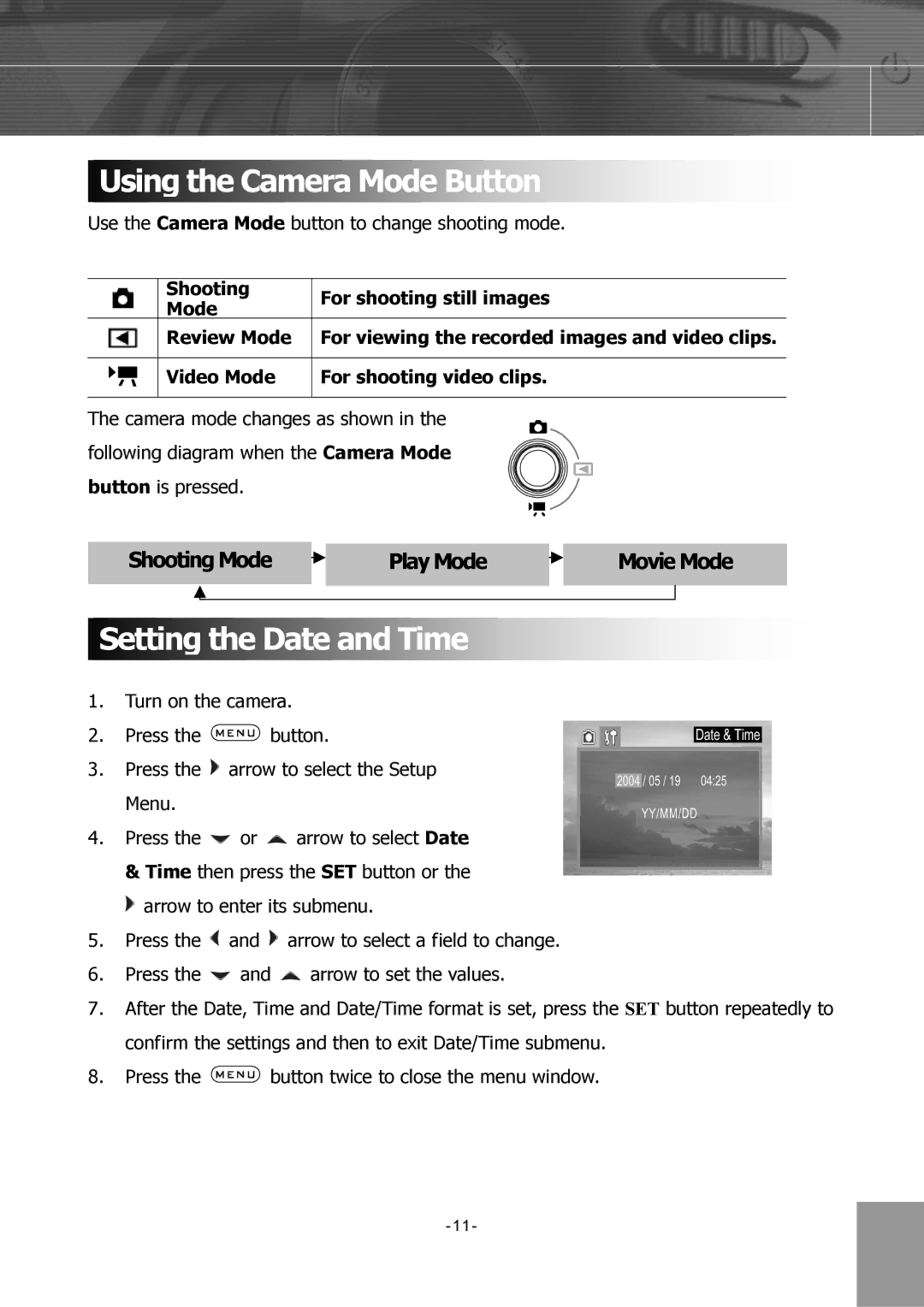 Concord Camera 4340z manual Using the Camera Mode Button, Setting the Date and Time, Shooting Mode Play Mode Movie Mode 