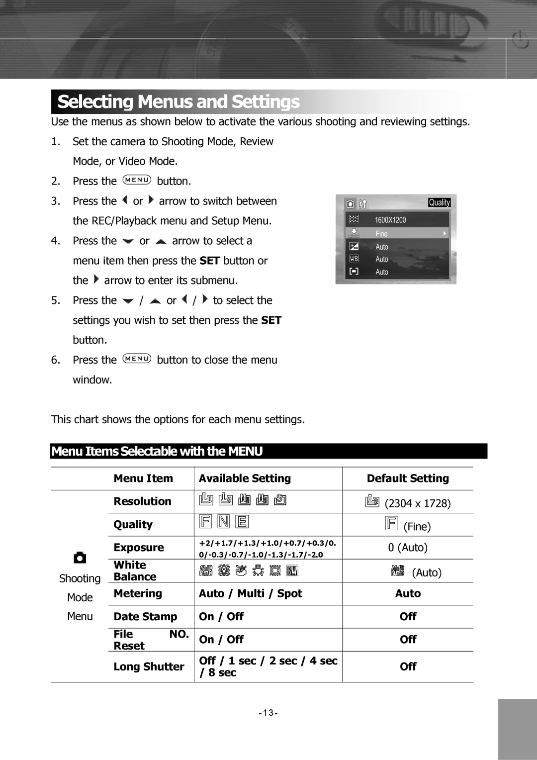 Concord Camera 4340z manual Selecting Menus and Settings, Menu Items Selectable with the Menu Button 