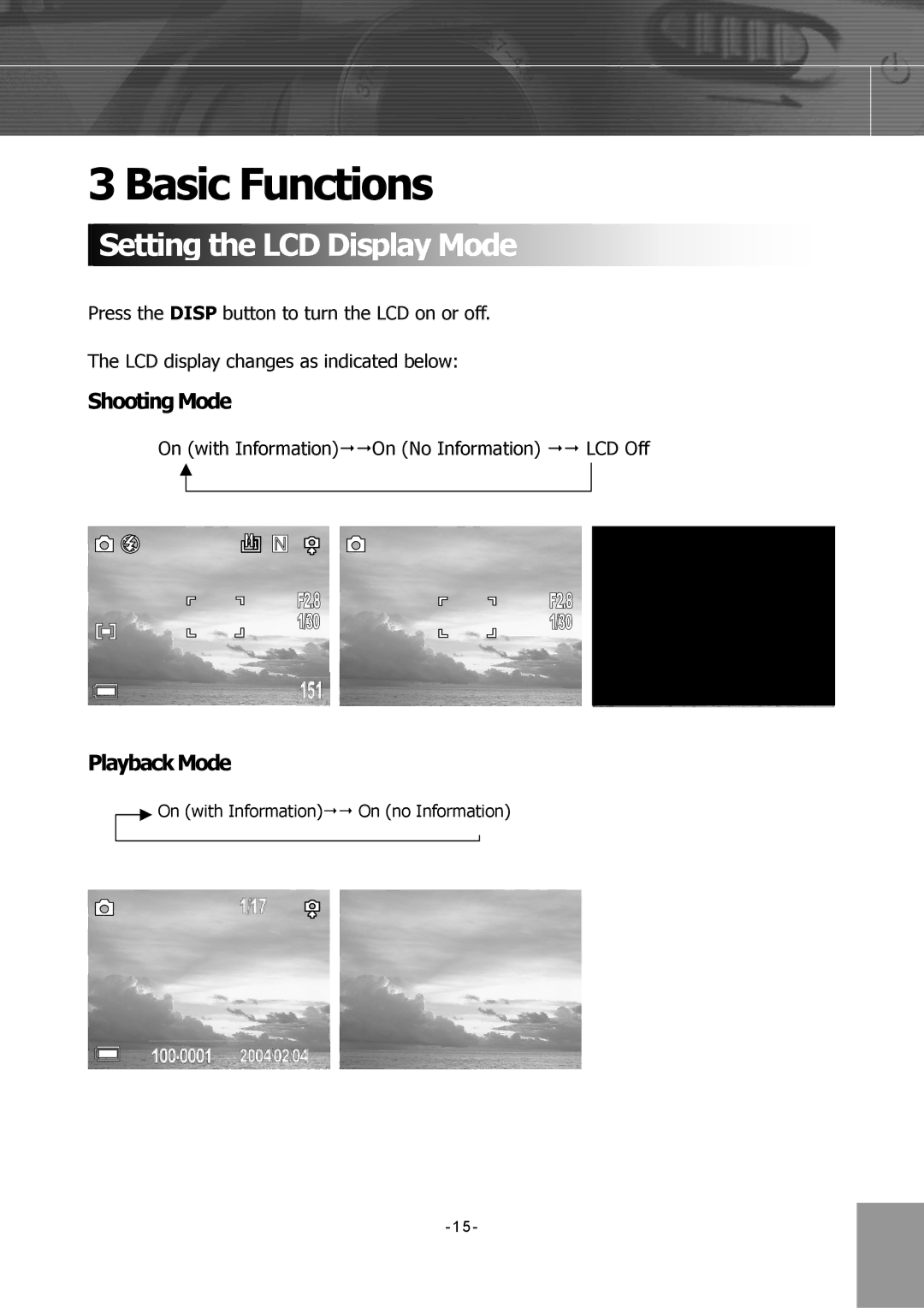 Concord Camera 4340z manual Basic Functions, Setting the LCD Display Mode, Shooting Mode, Playback Mode 