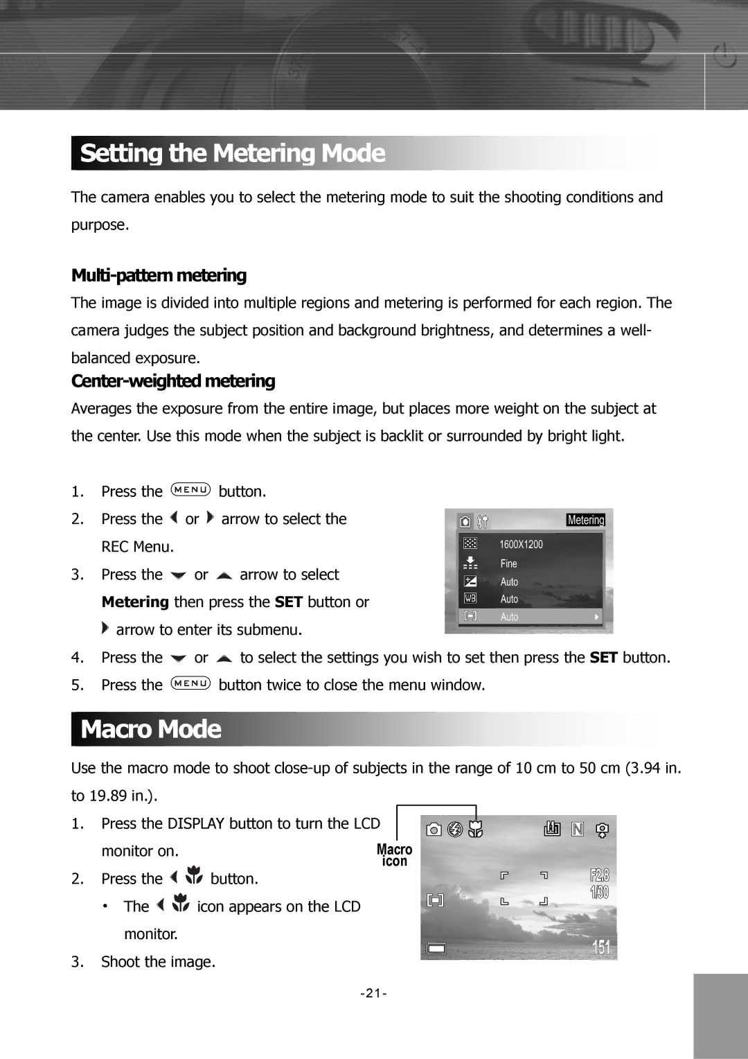 Concord Camera 4340z manual Setting the Metering Mode, Macro Mode, Multi-pattern metering, Center-weighted metering 