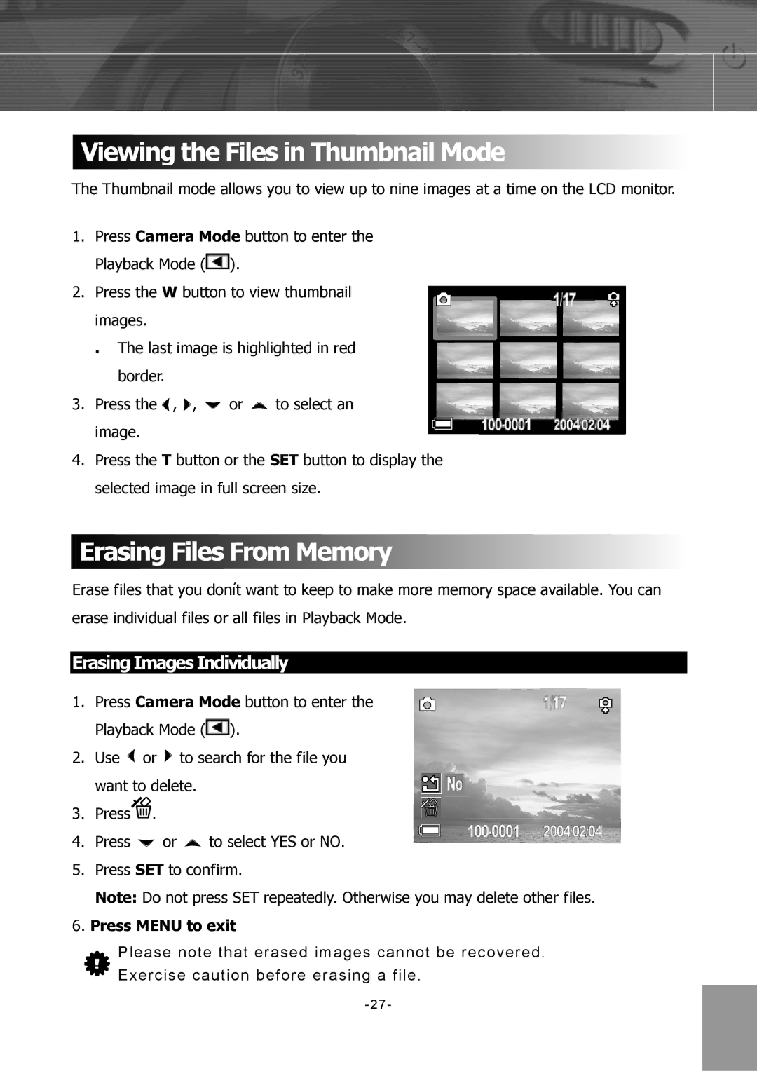 Concord Camera 4340z manual Viewing the Files in Thumbnail Mode, Erasing Files From Memory, Erasing Images Individually 